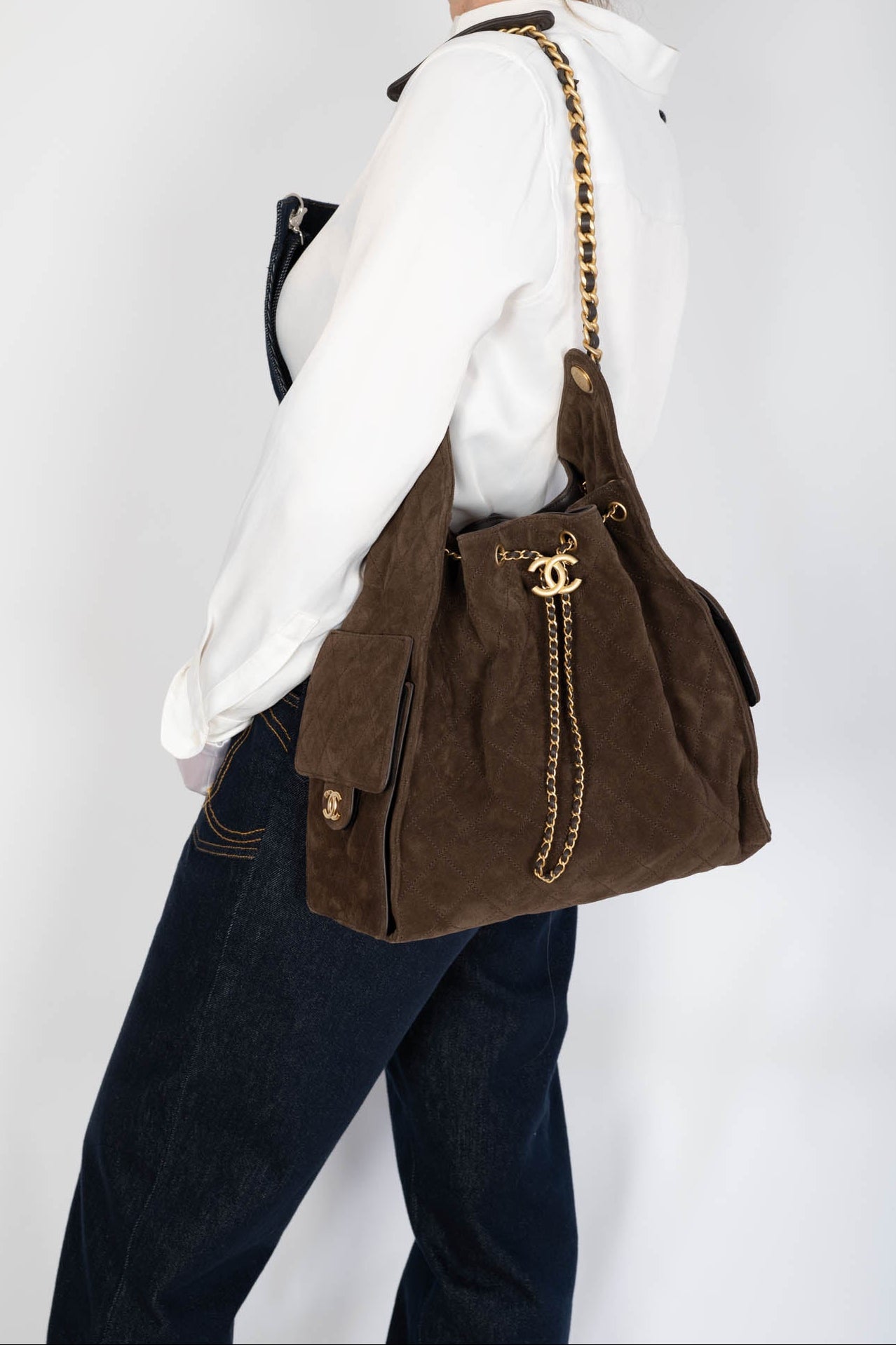 Chanel 25 Medium Handbag Dark Brown Quilted Suede Gold Hardware