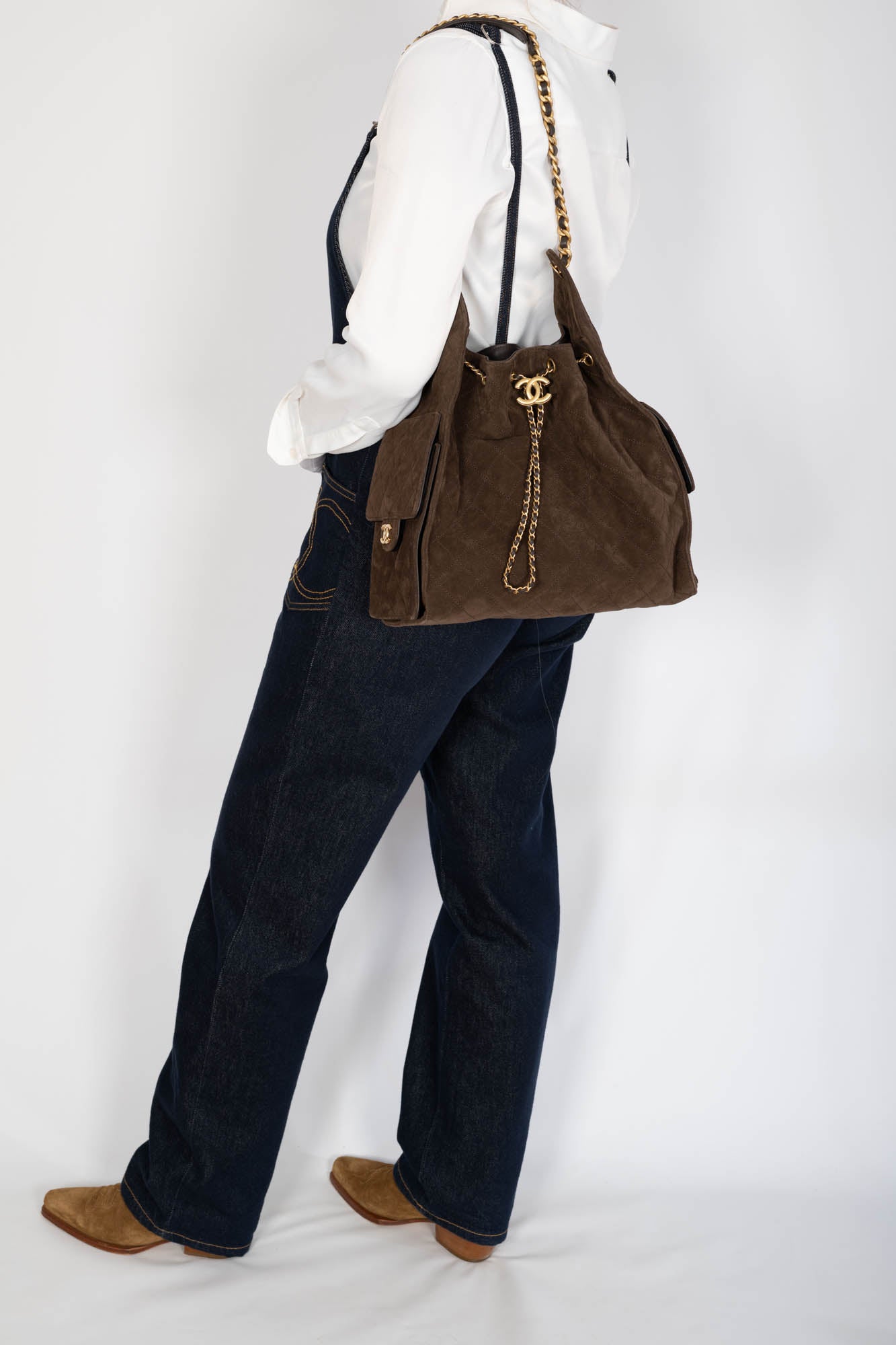 Chanel 25 Medium Handbag Dark Brown Quilted Suede Gold Hardware