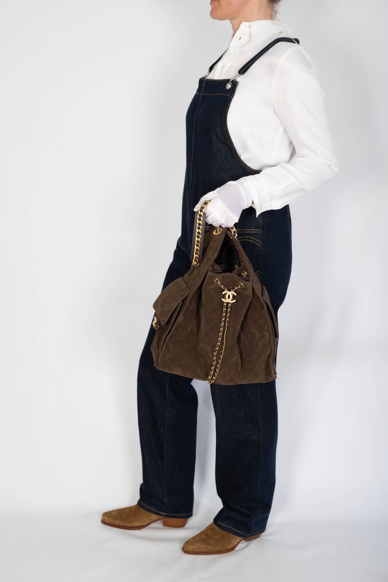 Chanel 25 Medium Handbag Dark Brown Quilted Suede Gold Hardware