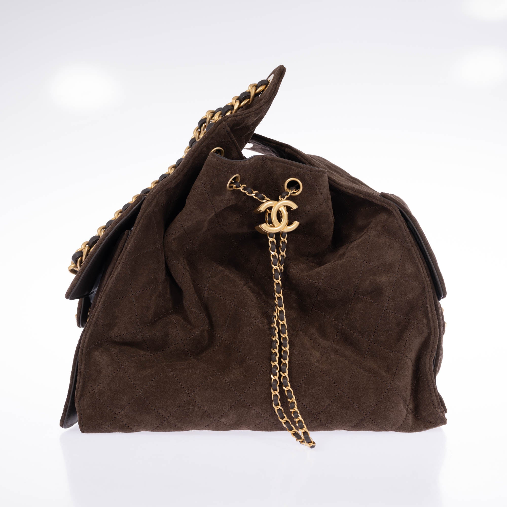 Chanel 25 Medium Handbag Dark Brown Quilted Suede Gold Hardware 