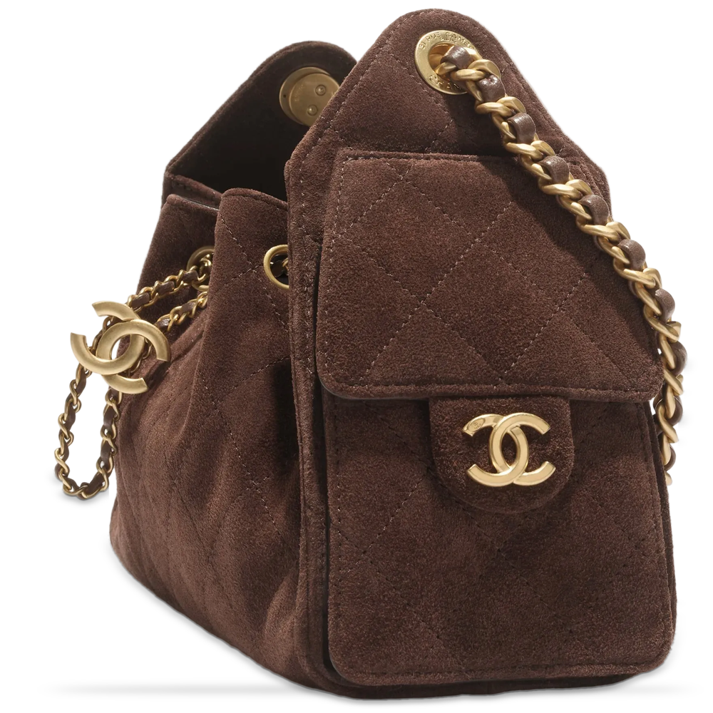 Chanel 25 Mini Dark Brown Suede Calfskin Gold Hardware, three-quarter view