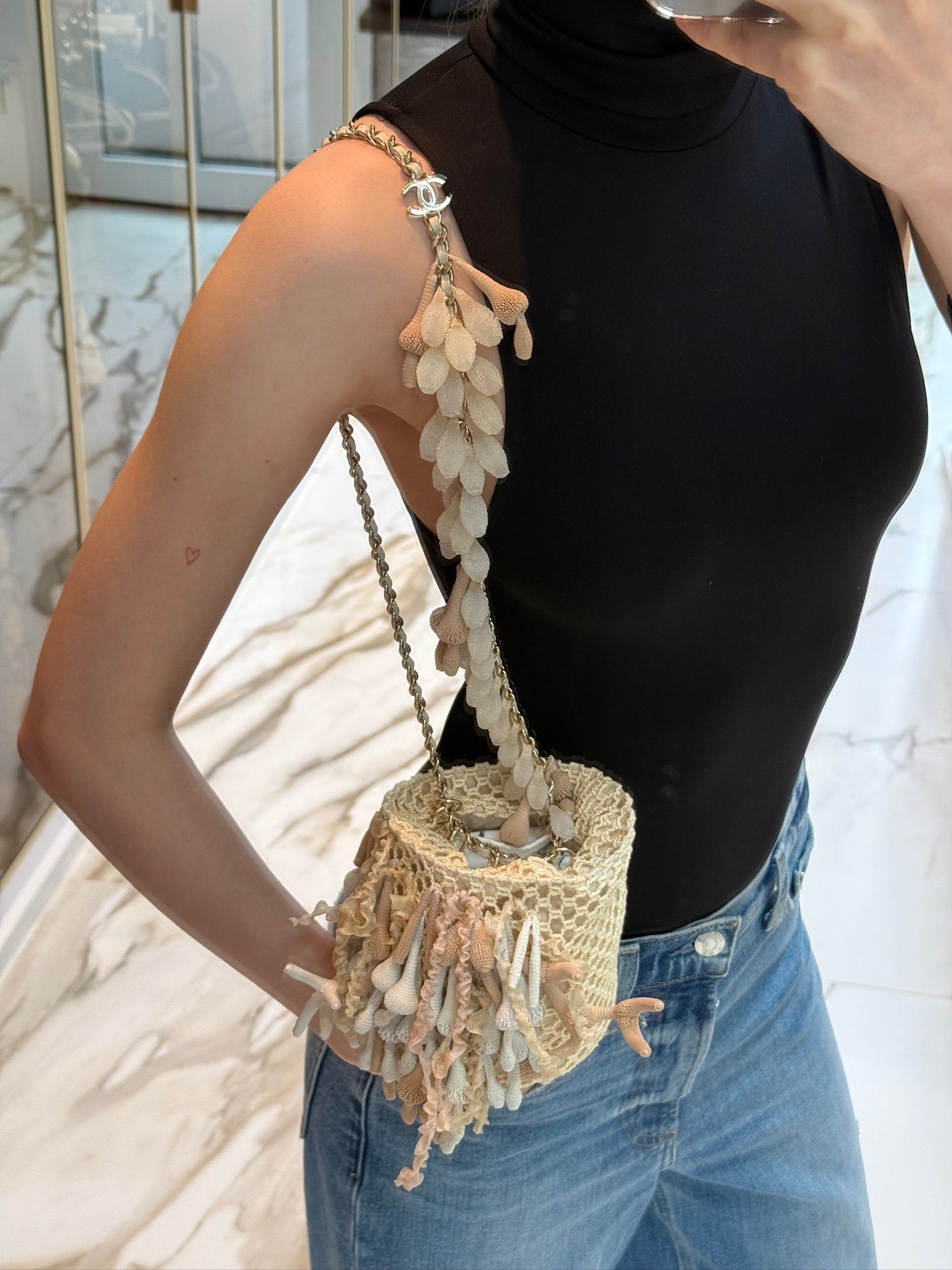 Chanel Beige Crochet & Rubber Coral Seashell Mini Bucket Bag Gold Hardware