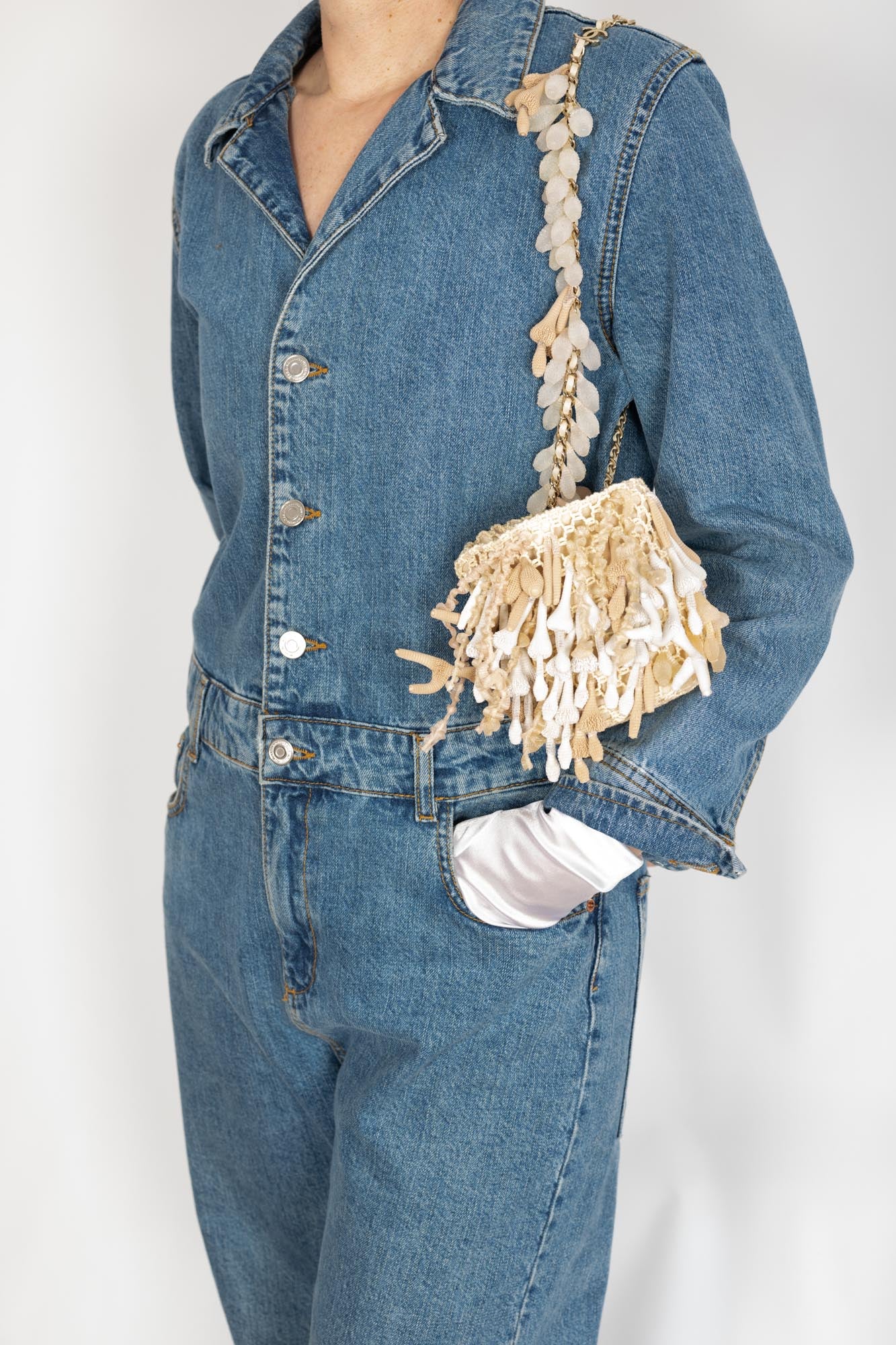 Chanel Beige Crochet & Rubber Coral Seashell Mini Bucket Bag Gold Hardware