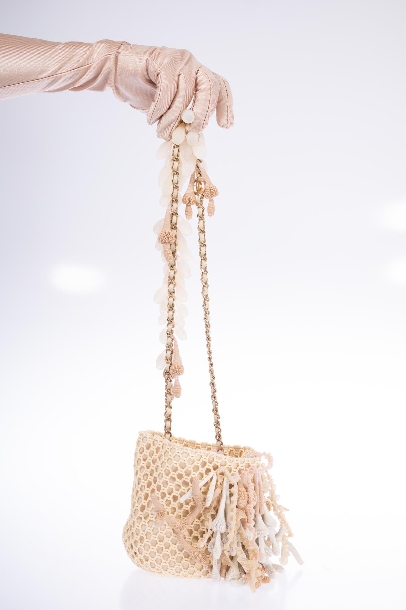 Chanel Beige Crochet & Rubber Coral Seashell Mini Bucket Bag Gold Hardware