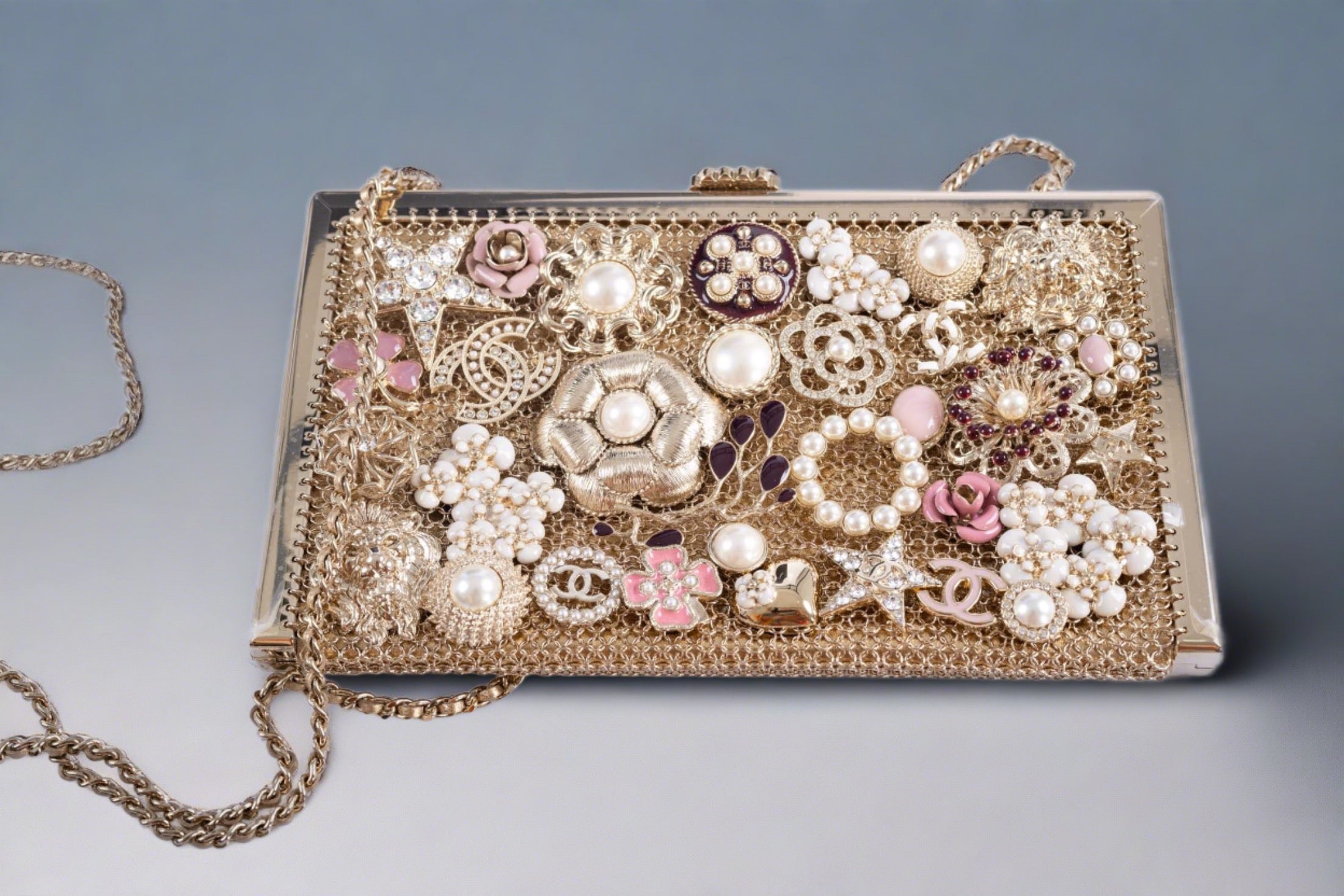 Chanel CC Camellia Charm Bag Pearls and Pink Enamel with Gold Hardware