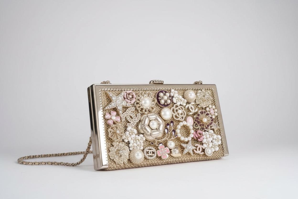 Chanel Camellia Charms Minaudière Gold Metal Pearl and Enamel Gold Hardware
