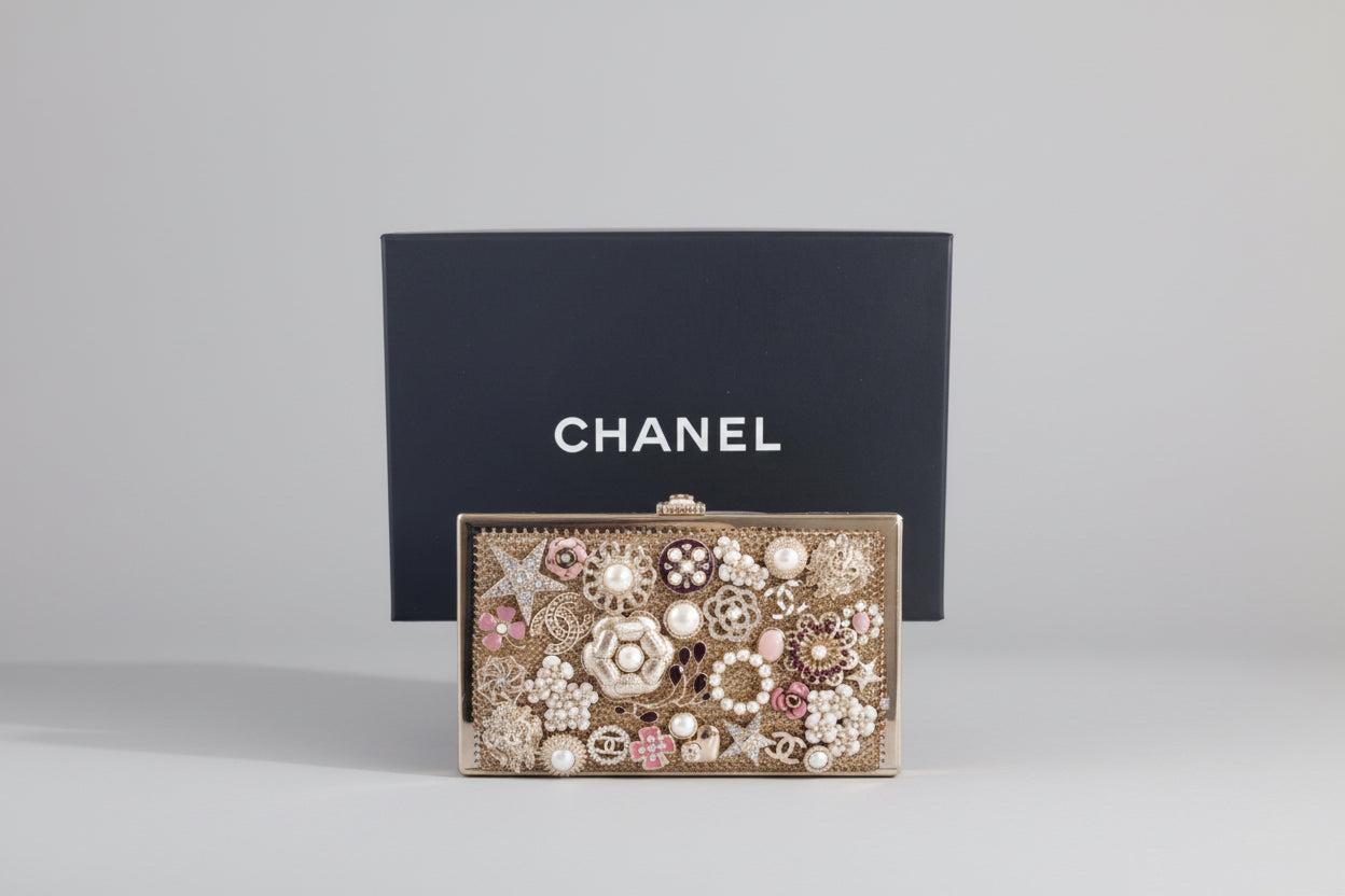 Chanel Camellia Charms Minaudière Gold Metal Pearl and Enamel Gold Hardware