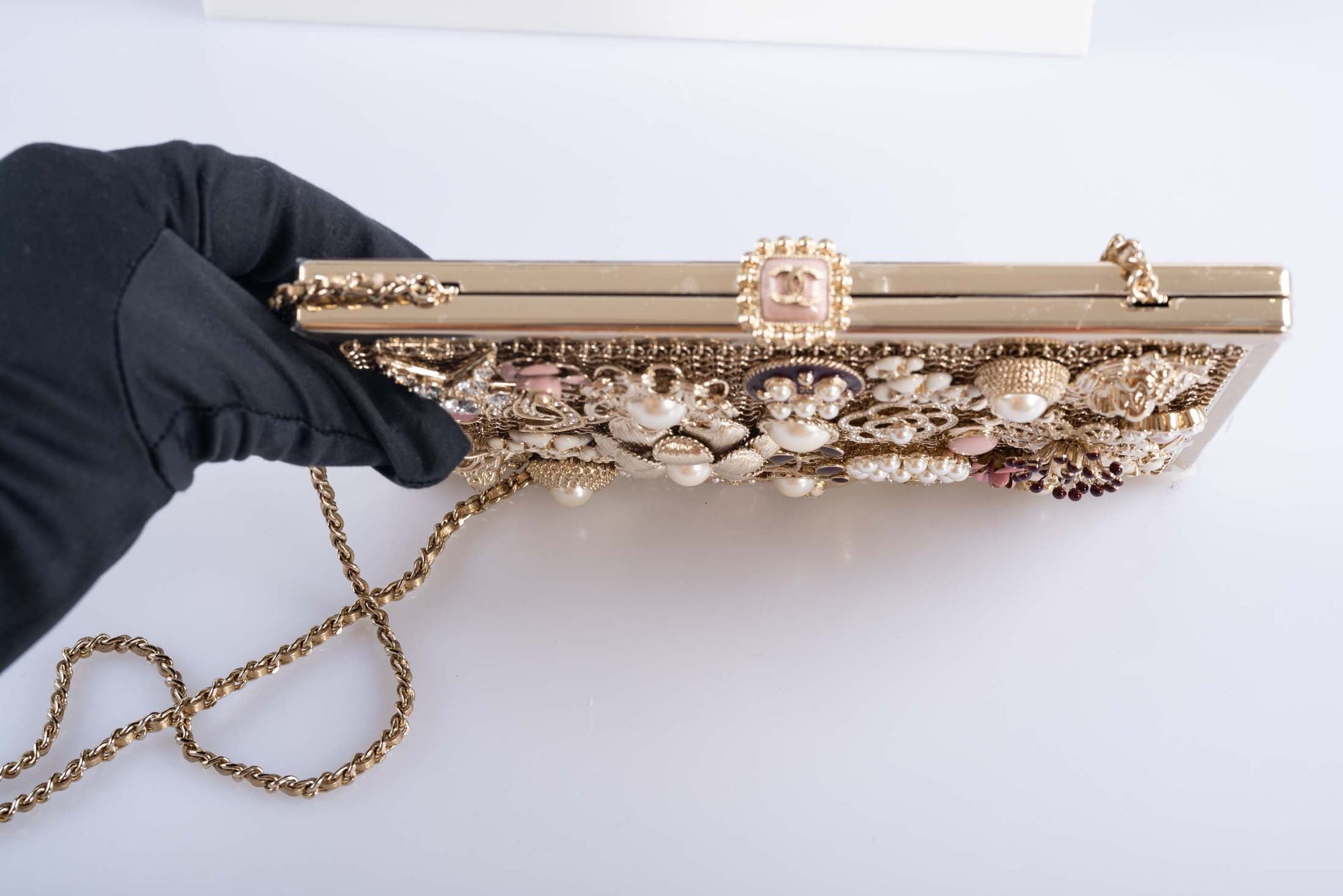 Chanel Camellia Charms Minaudière Gold Metal Pearl and Enamel Gold Hardware