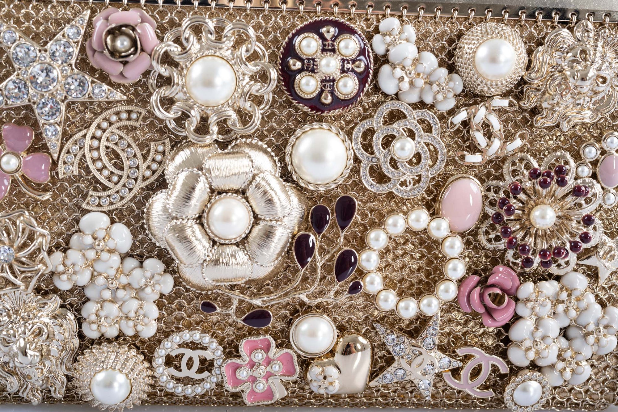 Chanel Camellia Charms Minaudière Gold Metal Pearl and Enamel Gold Hardware