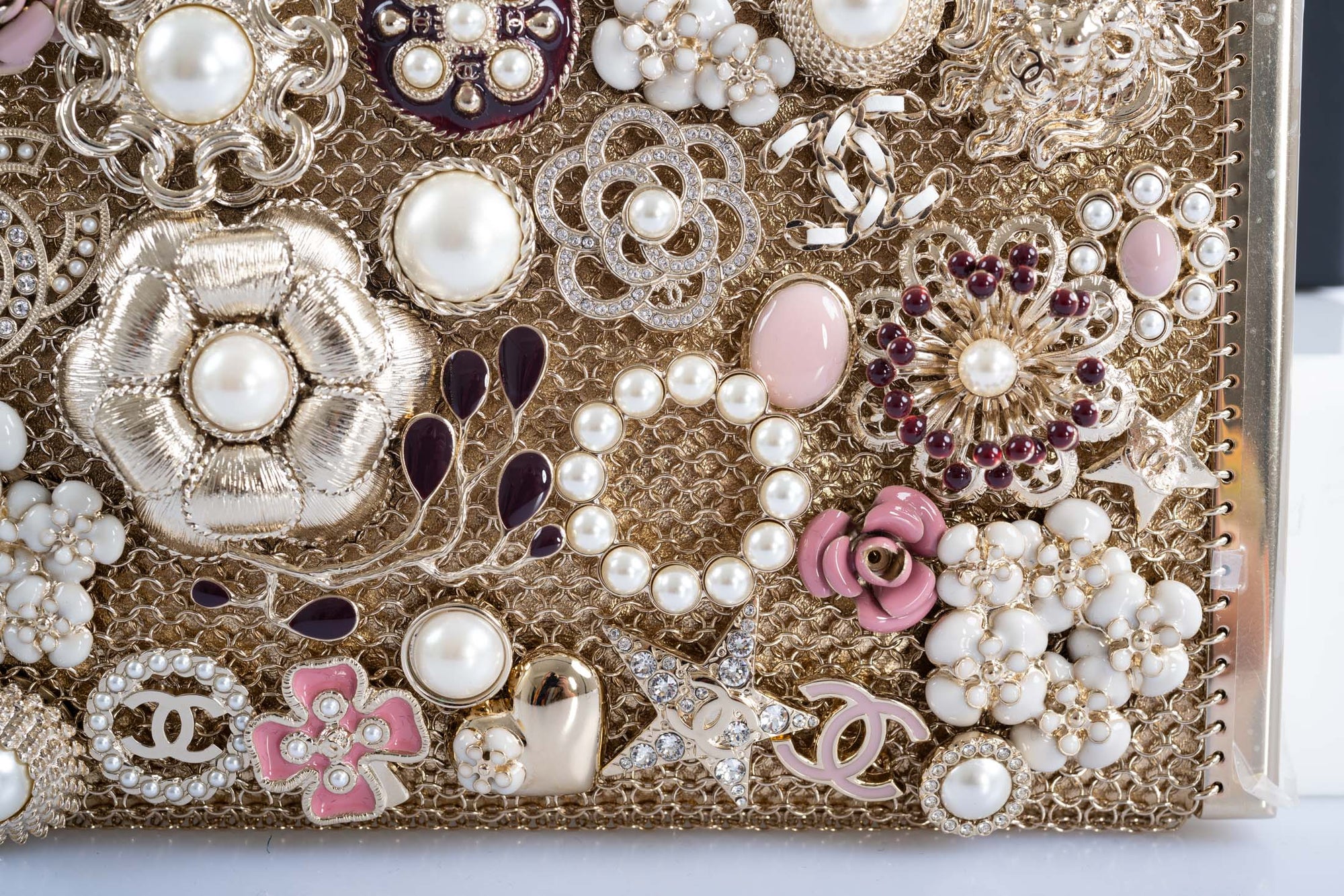 Chanel Camellia Charms Minaudière Gold Metal Pearl and Enamel Gold Hardware