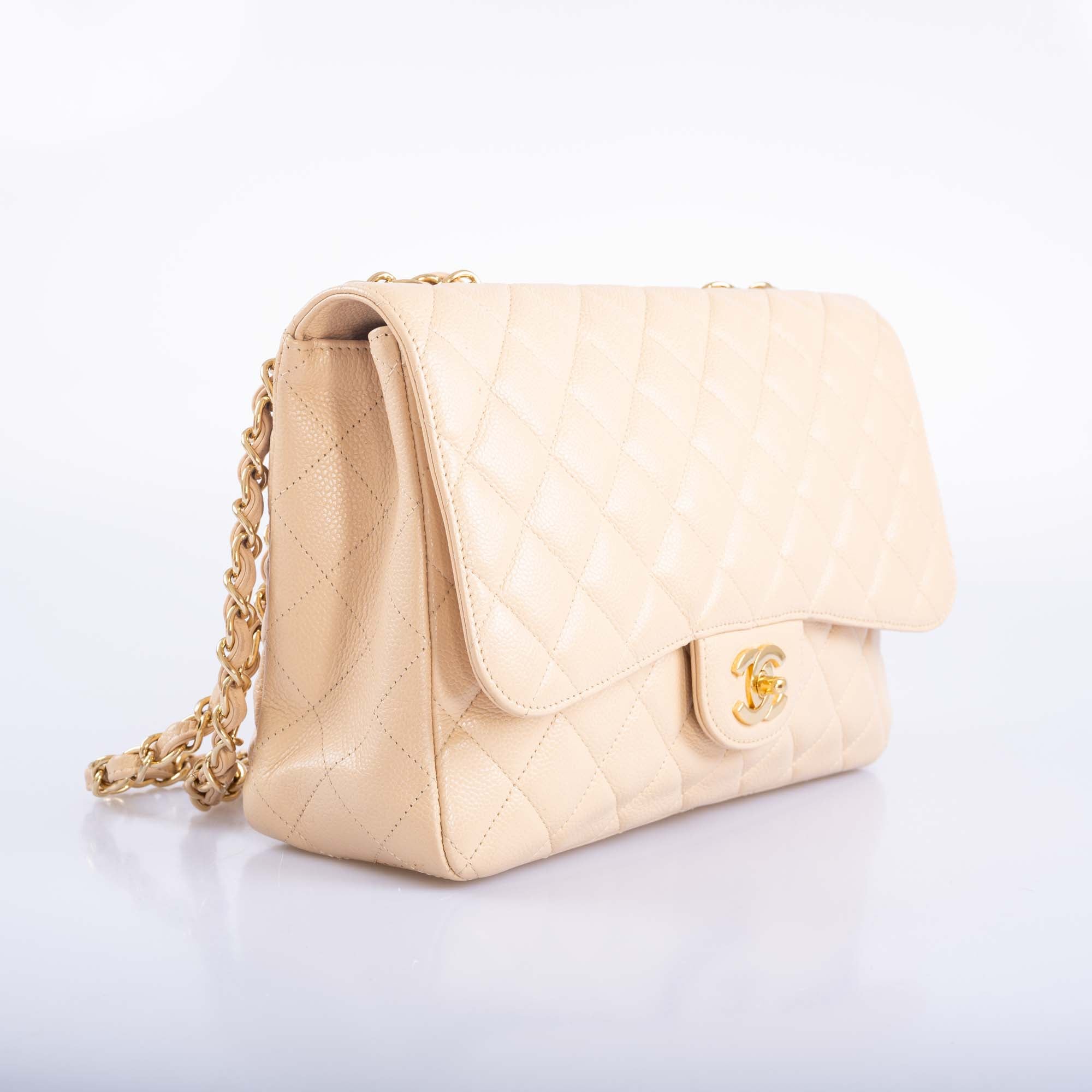 Chanel Classic Jumbo Single Flap Beige Quilted Caviar Gold Hardware