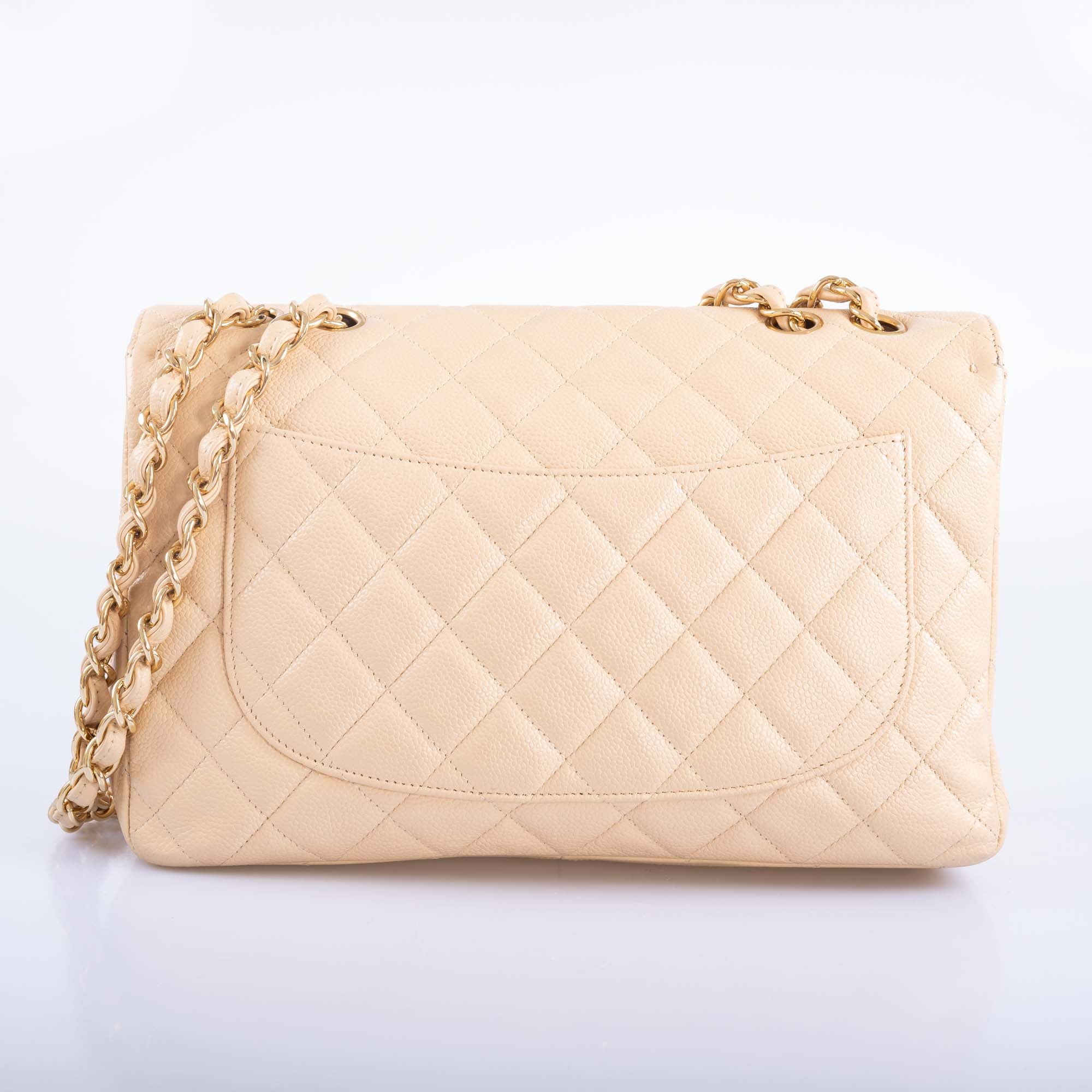 Chanel Classic Jumbo Single Flap Beige Quilted Caviar Gold Hardware