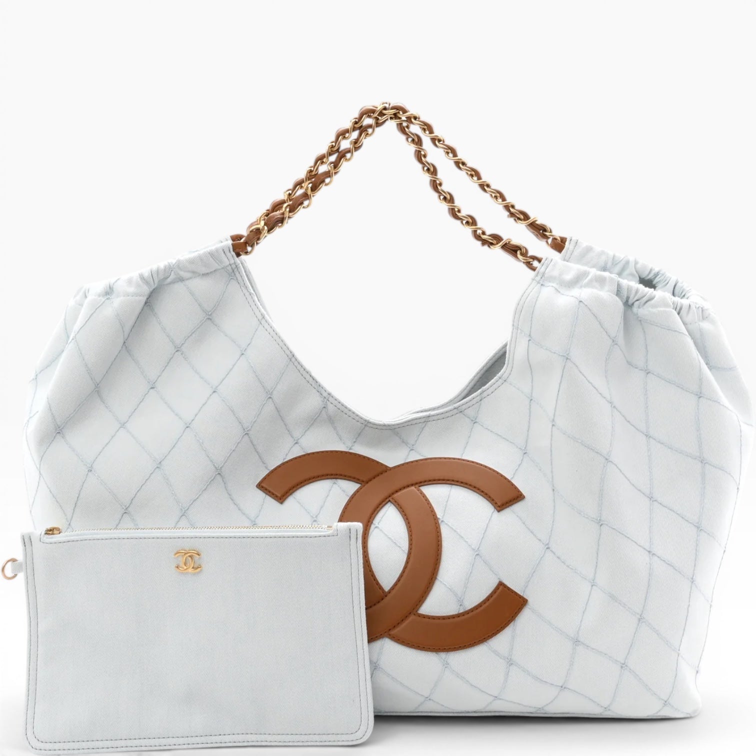 Chanel Coco Beach Small Shopping Tote Light Blue Denim Brown Calfskin Gold-Tone Hardware
