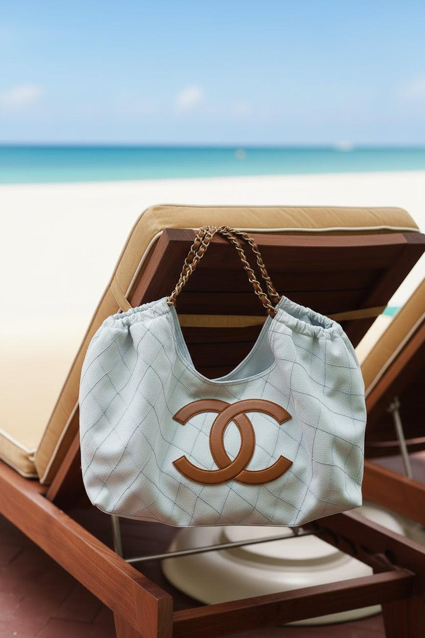 Chanel Coco Beach Small Shopping Tote Light Blue Denim Brown Calfskin Gold-Tone Hardware