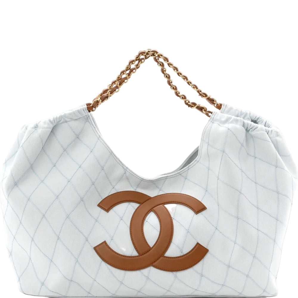 Chanel Coco Beach Small Shopping Tote Light Blue Denim Brown Calfskin Gold-Tone Hardware