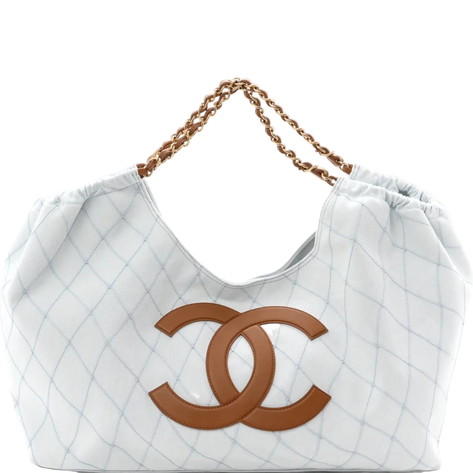 Chanel Coco Beach Small Shopping Tote Light Blue Denim Brown Calfskin Gold-Tone Hardware