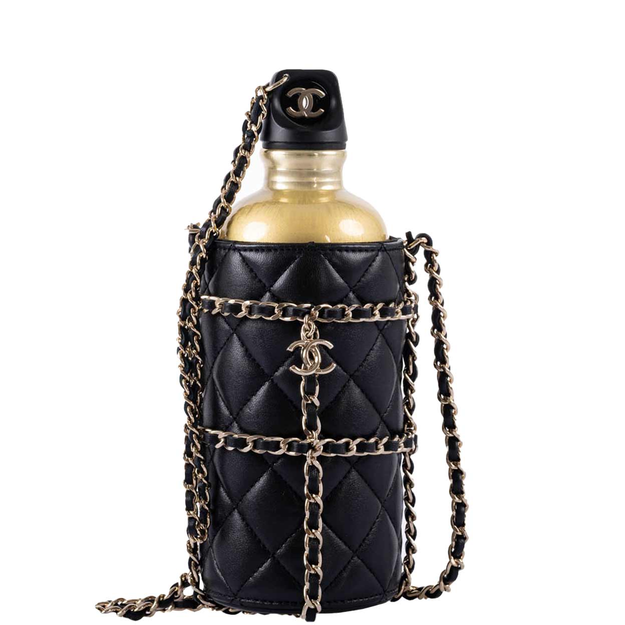 Chanel Gold CC Water Bottle Black Quilted Lambskin Gold Hardware