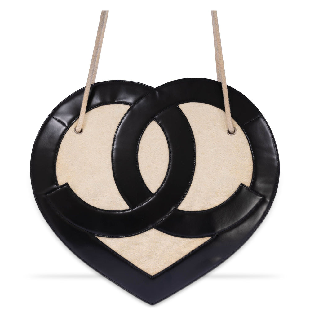 Chanel Jumbo Heart Tote Cream Terry Cloth and Black Lambskin Silver Hardware, front view