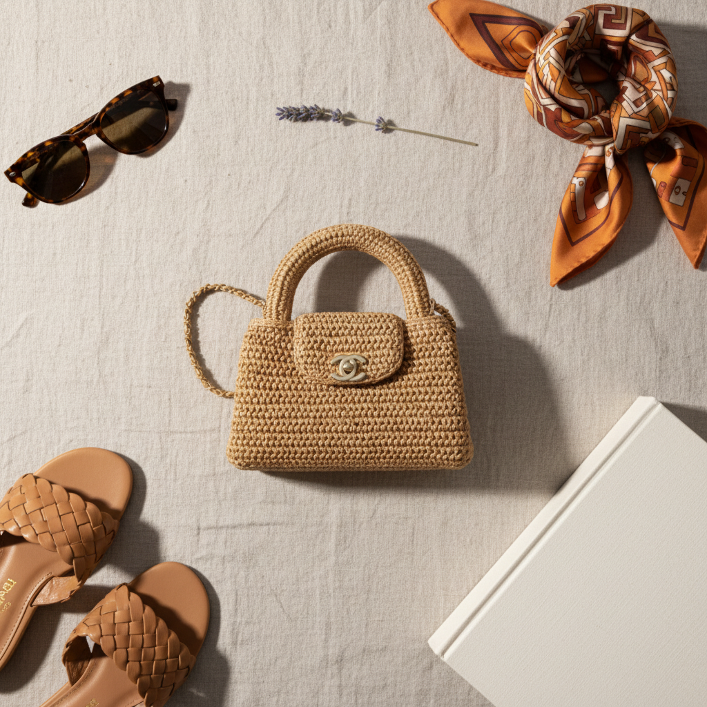 Chanel Small Shopping Bag Braided Raffia Dark Beige Gold Hardware