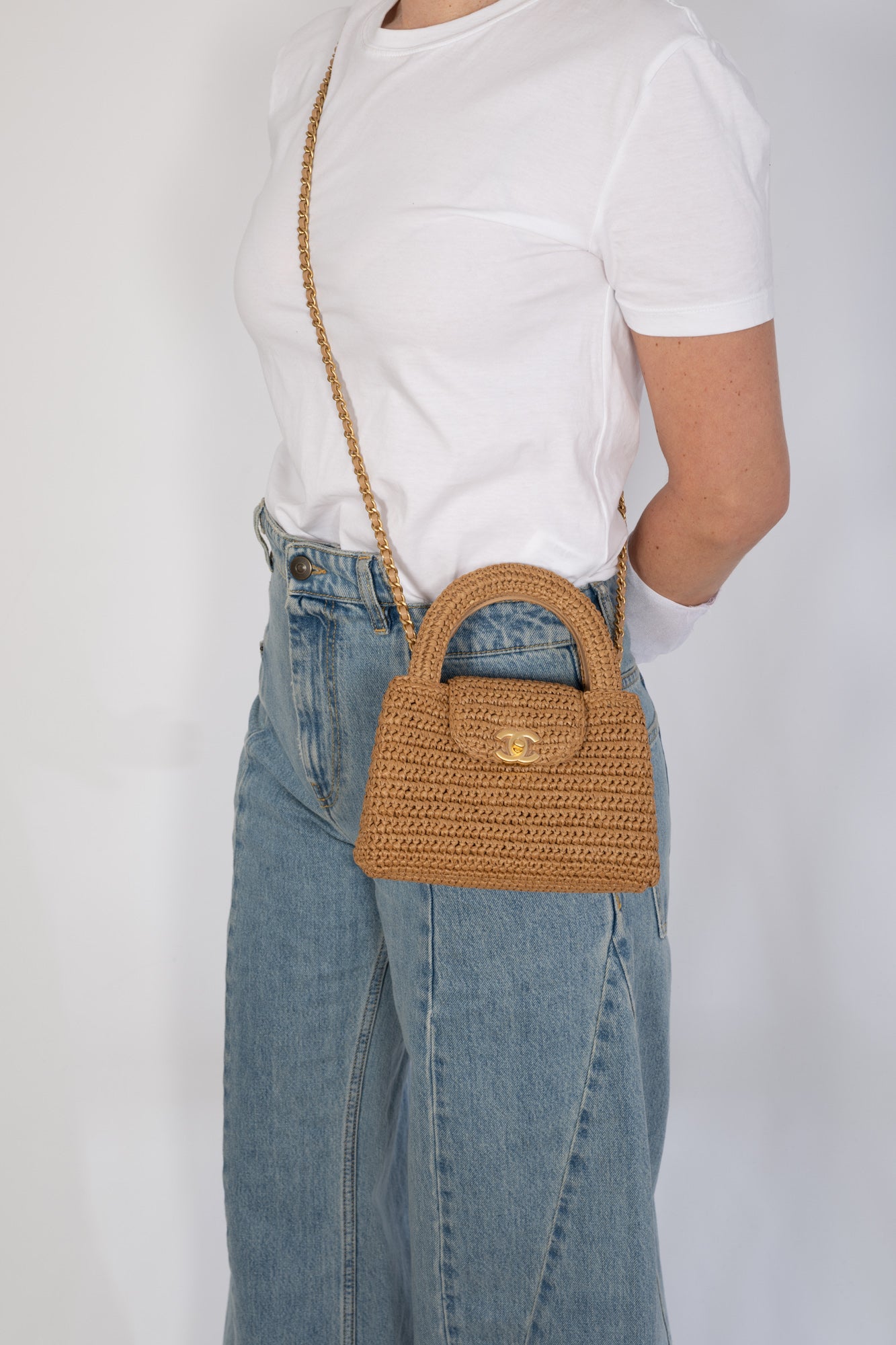 Chanel Small Shopping Bag Braided Raffia Dark Beige Gold Hardware