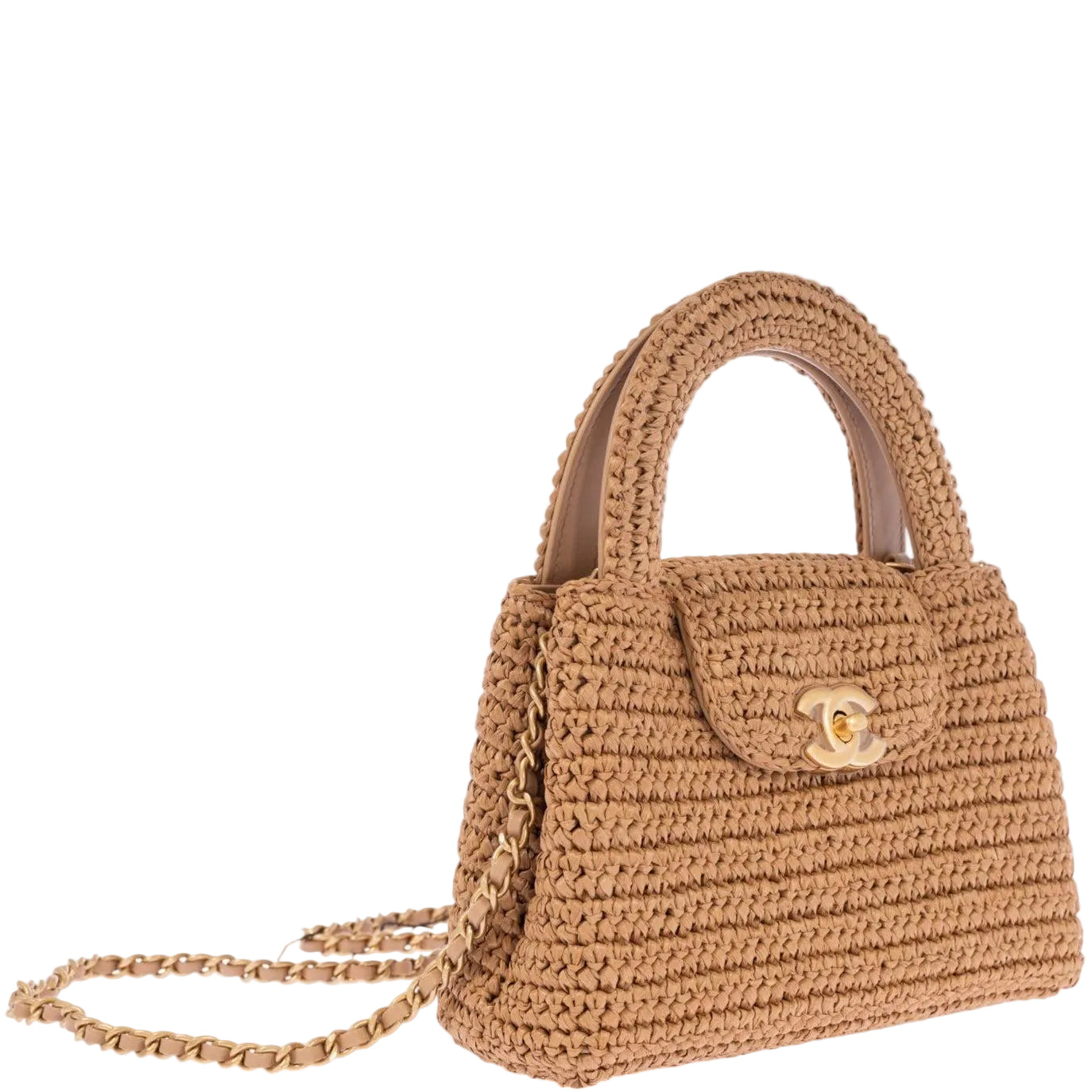Chanel Small Shopping Bag Braided Raffia Dark Beige Gold Hardware