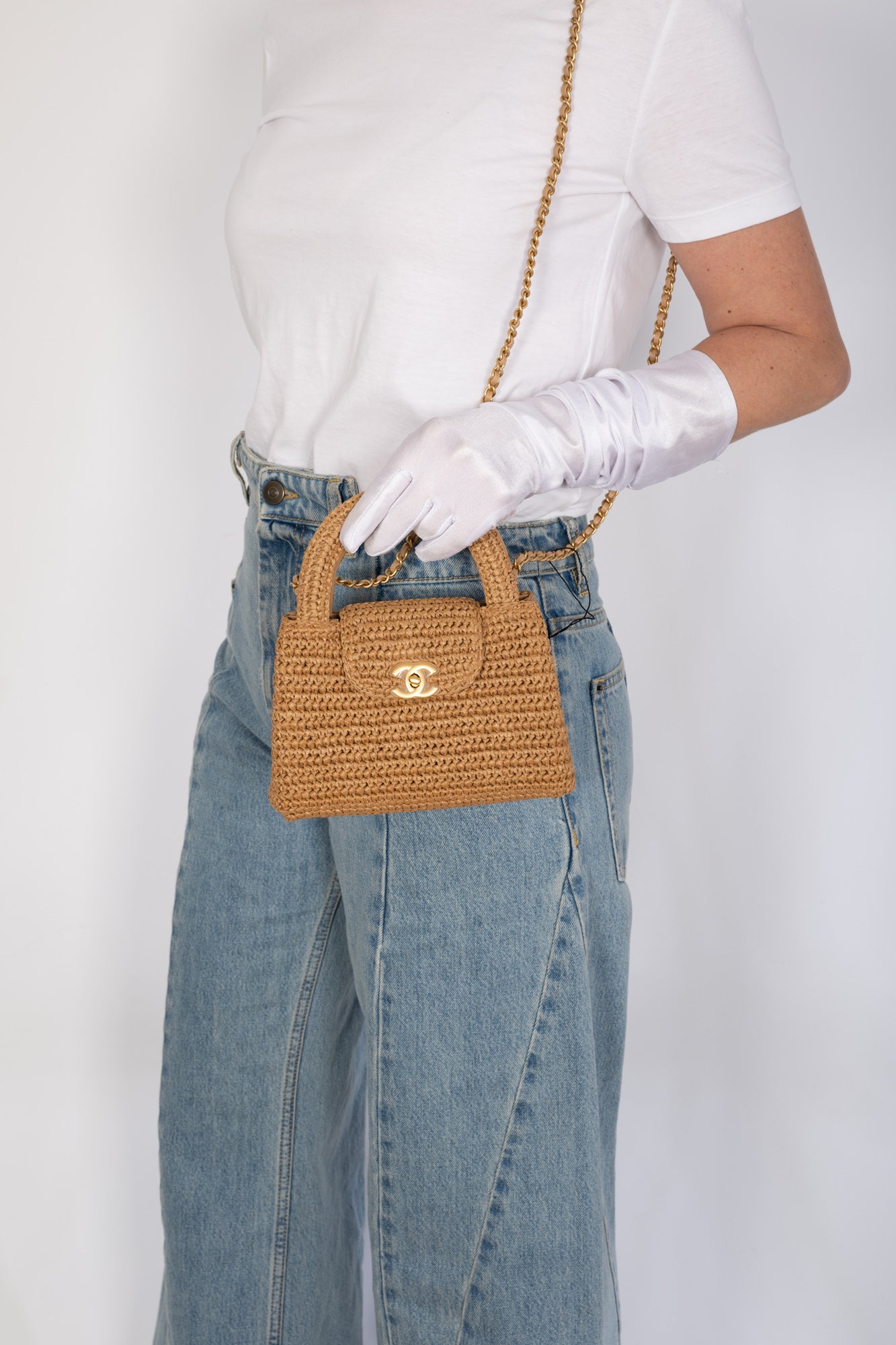 Chanel Small Shopping Bag Braided Raffia Dark Beige Gold Hardware