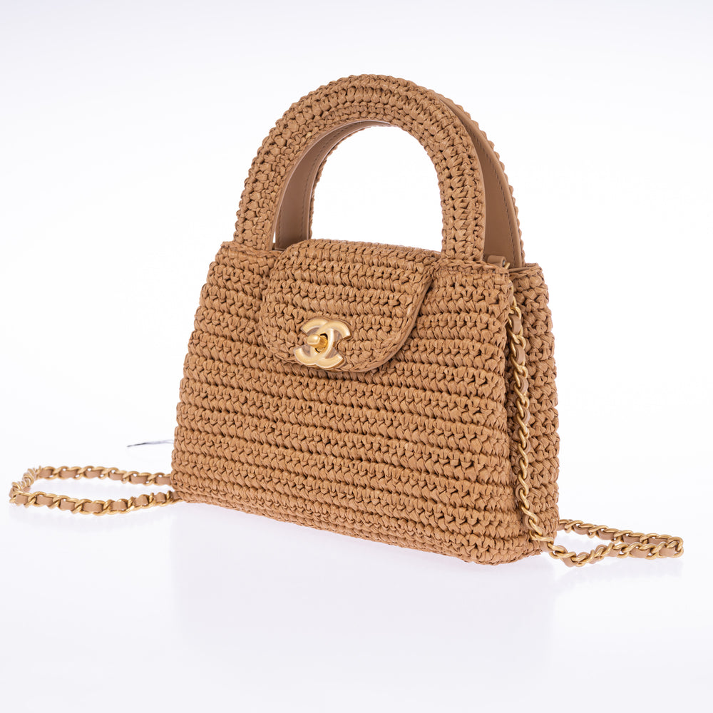Chanel Small Shopping Bag Braided Raffia Dark Beige Gold Hardware