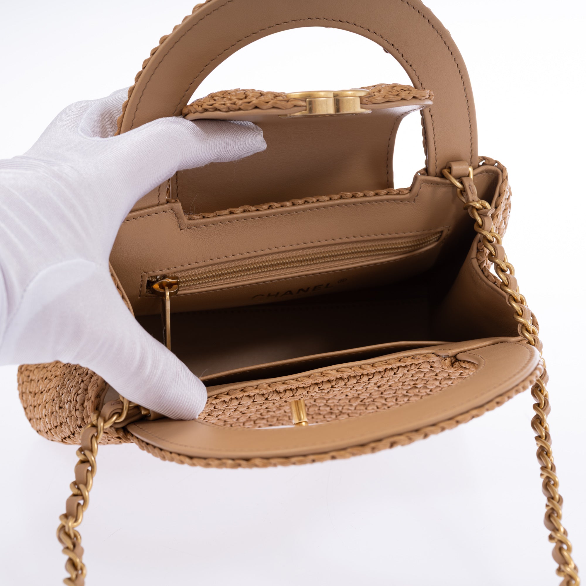 Chanel Kelly Shopping Bag Small Braided Raffia Dark Beige Gold Hardware