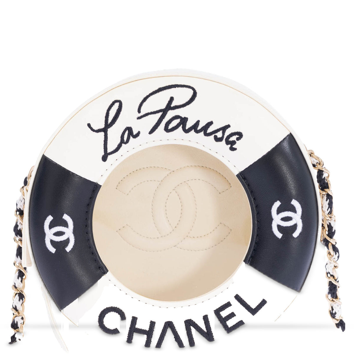 Chanel La Pausa Lifesaver Round Bag White and Black Lambskin Gold Hardware, front view