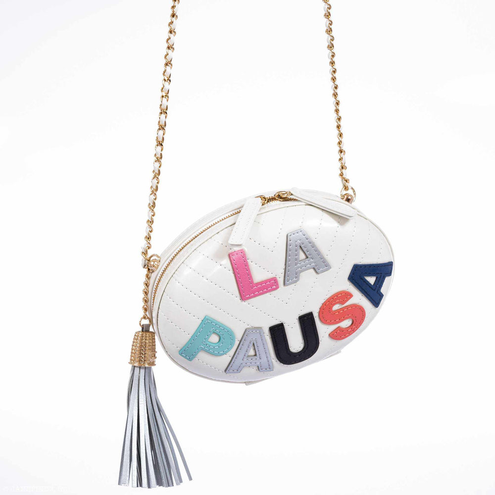 Chanel La Pausa Oval Evening Bag White Chevron Lambskin Multicolor Appliqué Gold Hardware