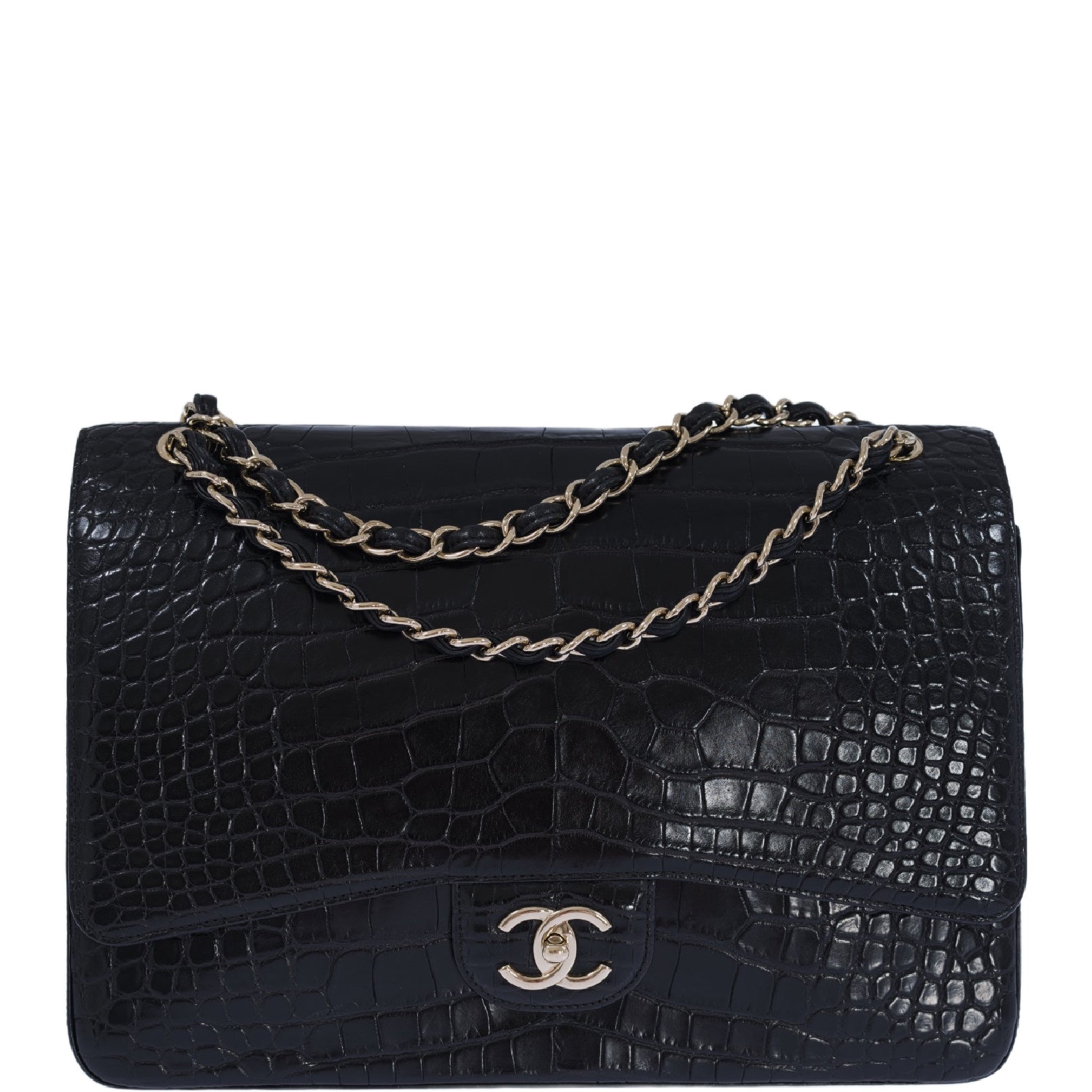 Chanel Maxi XL Shiny Alligator Double Flap Classic Shoulder Bag with Gold Hardware