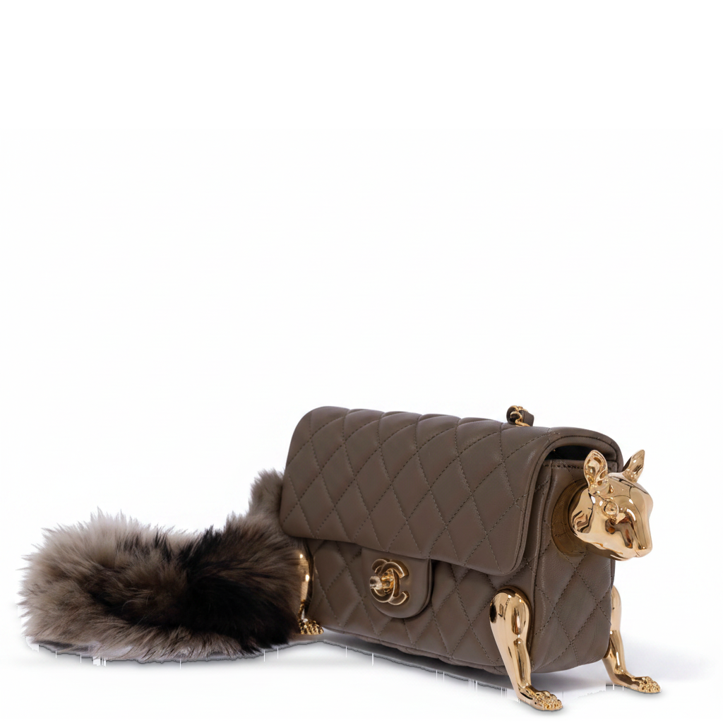Chanel Métiers d'Art 2026 Squirrel Mini Flap Bag Dark Khaki Lambskin and Shearling Gold Hardware, three-quarter view