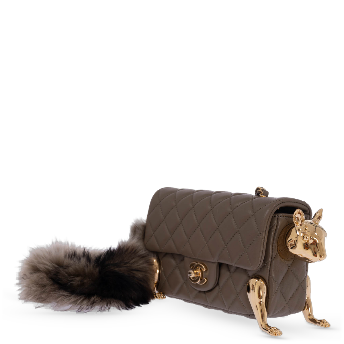 Chanel Métiers d'Art 2026 Squirrel Mini Flap Bag Dark Khaki Lambskin and Shearling Gold Hardware, three-quarter view with the shearling tail