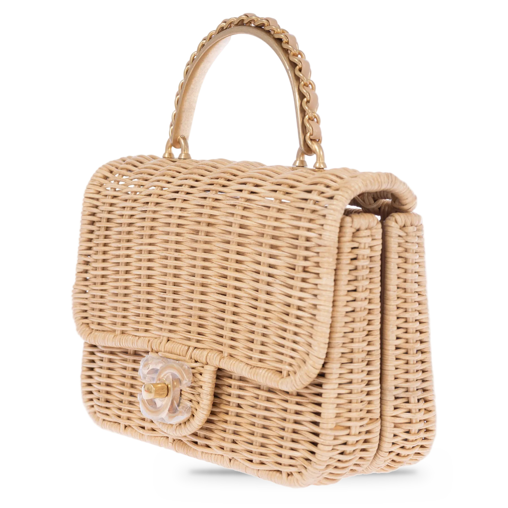 Chanel Mini Flap Bag with Top Handle Beige Braided Rattan Gold-Tone Hardware, three-quarter front view, closed