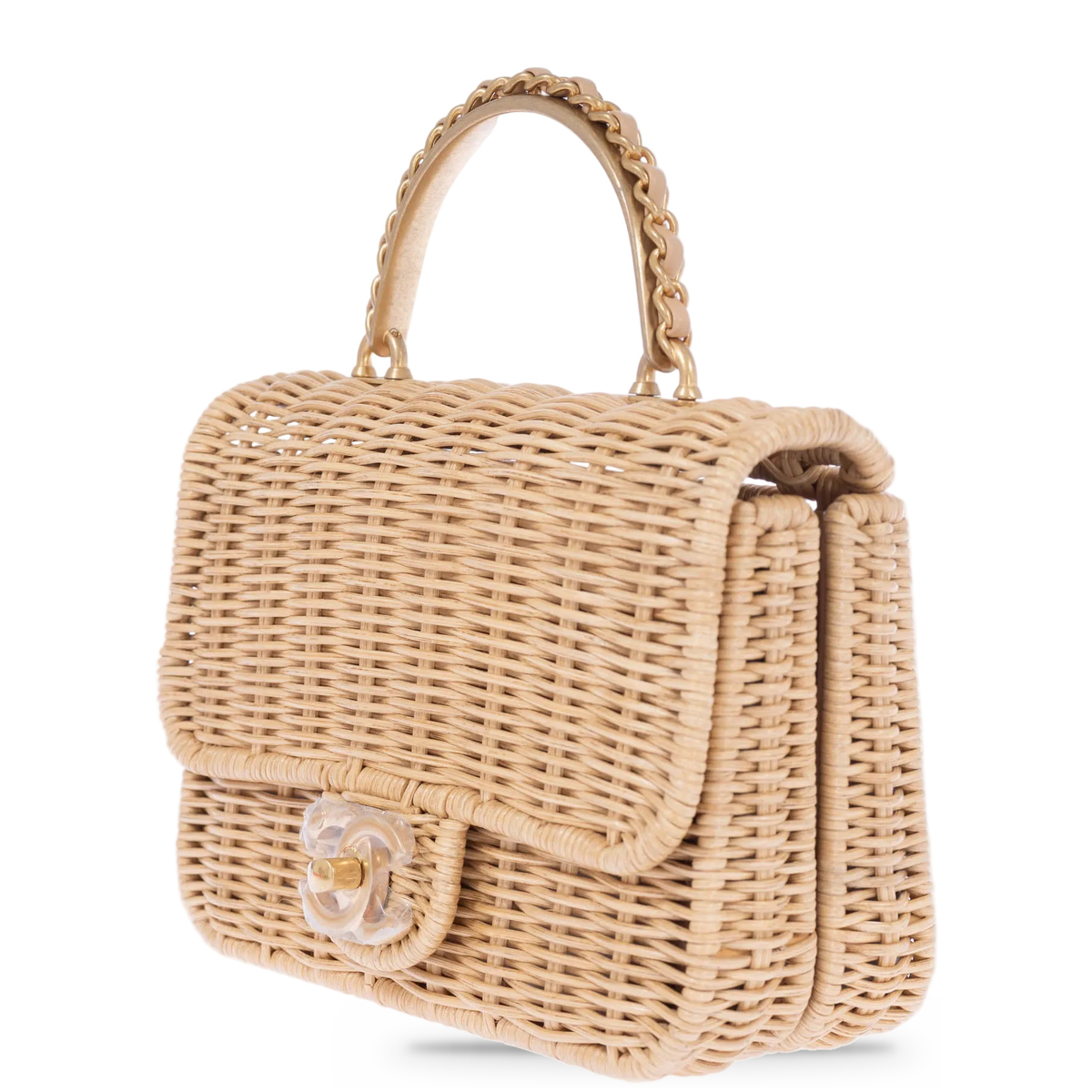 Chanel Mini Flap Bag with Top Handle Beige Braided Rattan Gold-Tone Hardware, three-quarter front view, closed