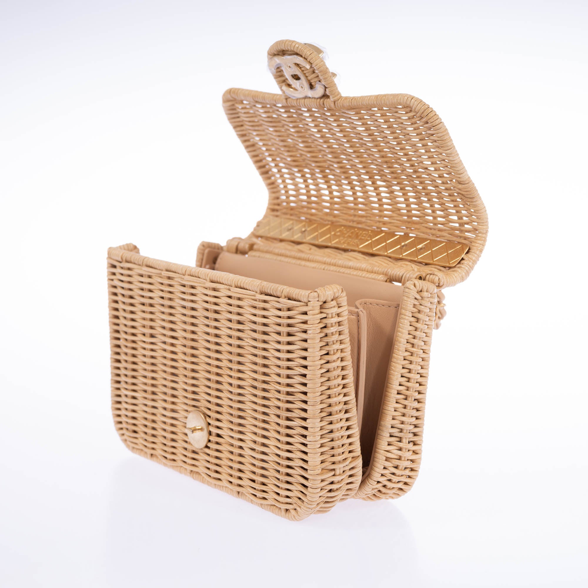 Chanel Mini Flap Bag with Top Handle Beige Braided Rattan Gold-Tone Hardware