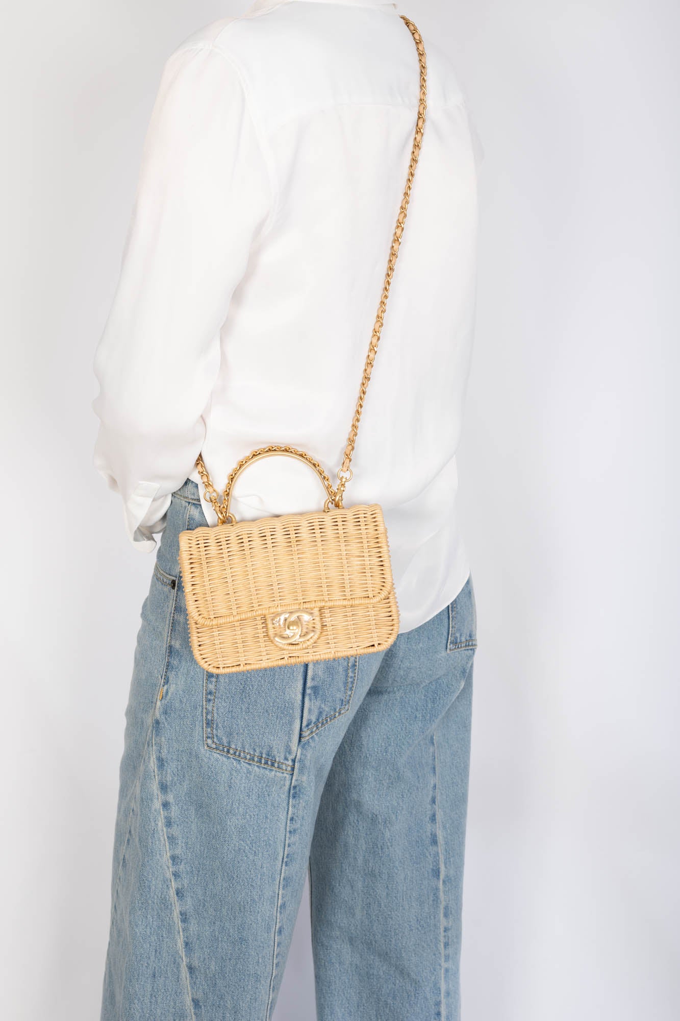 Chanel Mini Flap Bag with Top Handle Beige Braided Rattan Gold-Tone Hardware