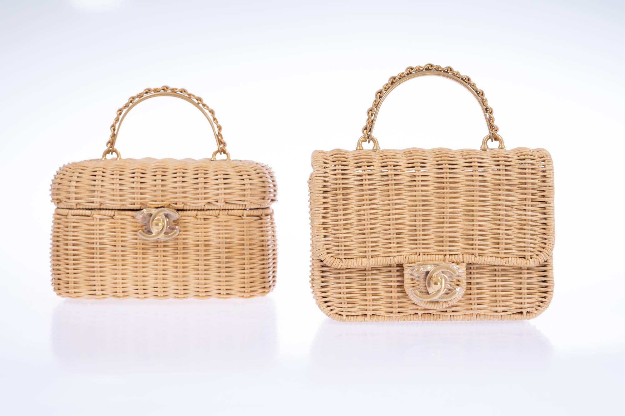 Chanel Mini Flap Bag with Top Handle Beige Braided Rattan Gold-Tone Hardware