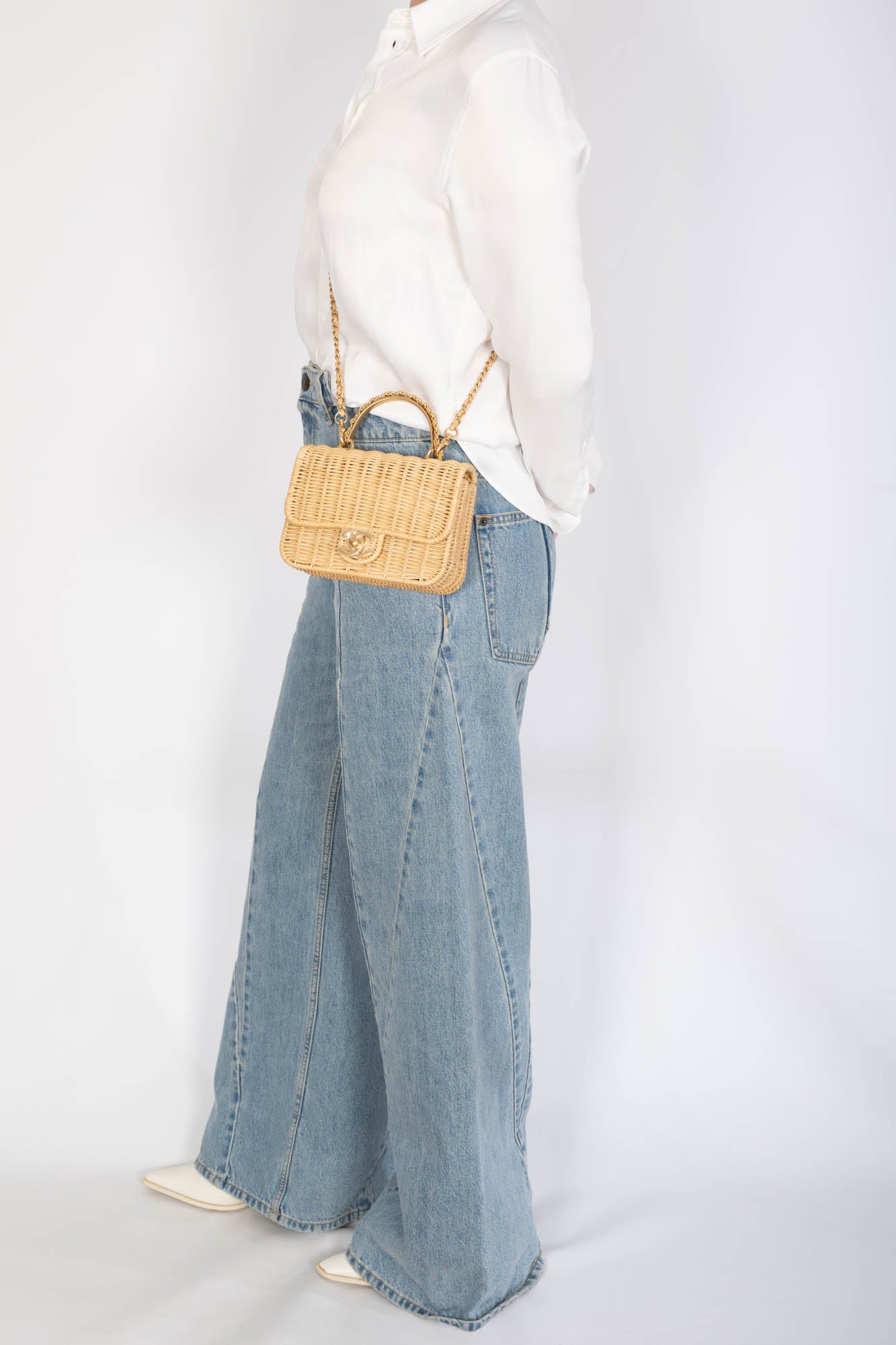 Chanel Mini Flap Bag with Top Handle Beige Braided Rattan Gold-Tone Hardware