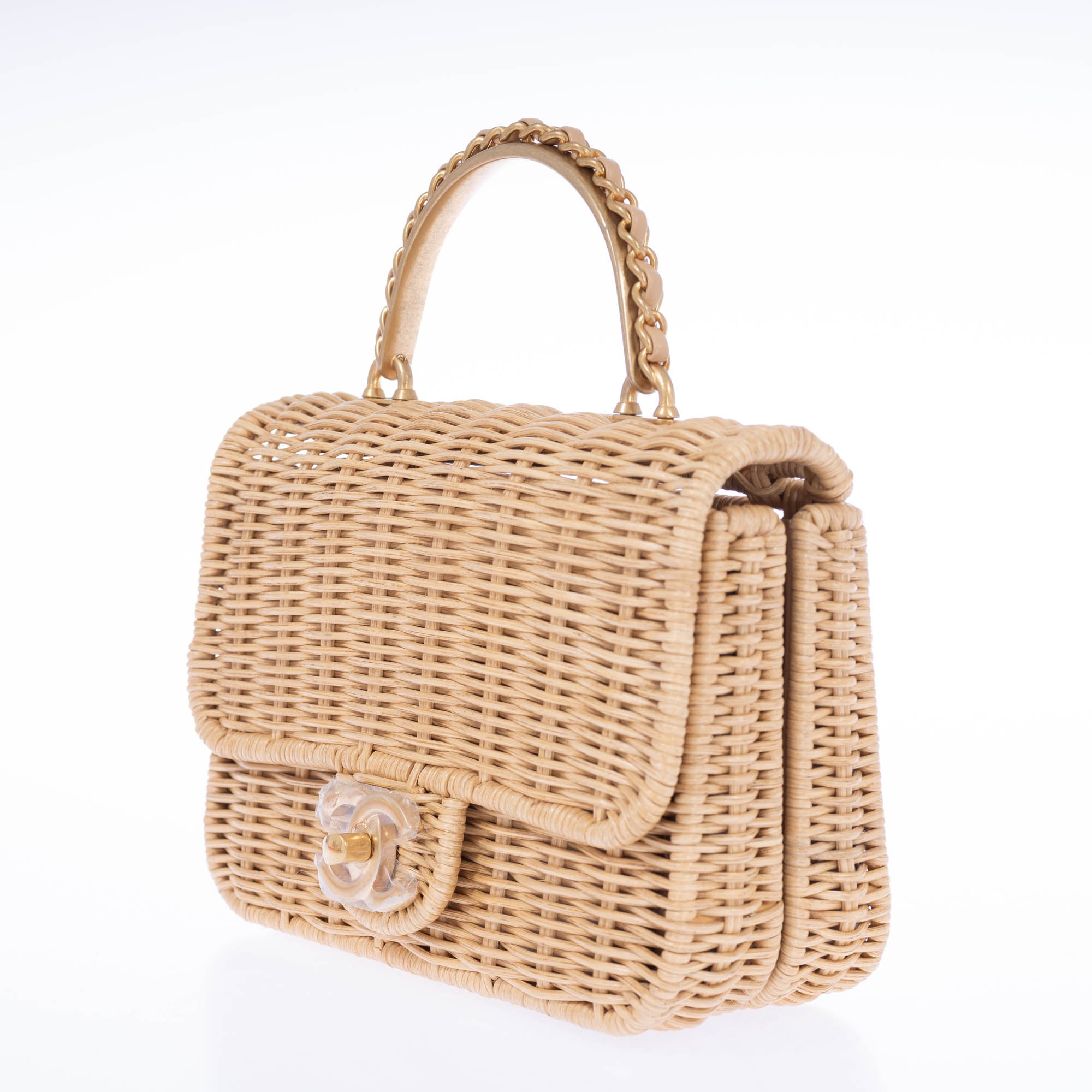 Chanel Mini Flap Bag with Top Handle Beige Braided Rattan Gold