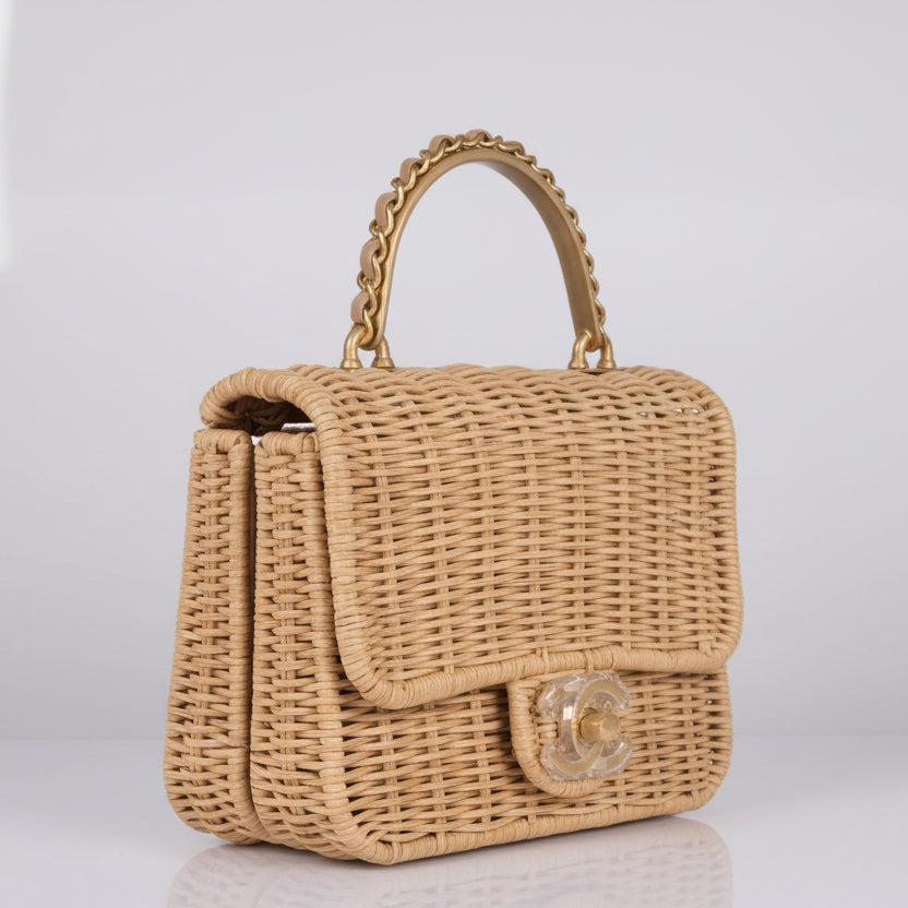 Chanel Mini Flap Bag with Top Handle Beige Braided Rattan Gold-Tone Hardware