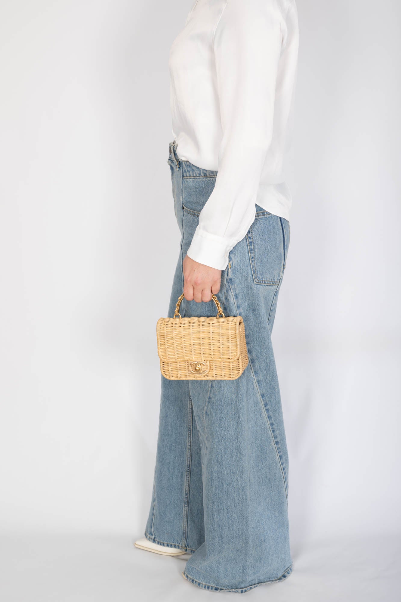 Chanel Mini Flap Bag with Top Handle Beige Braided Rattan Gold-Tone Hardware