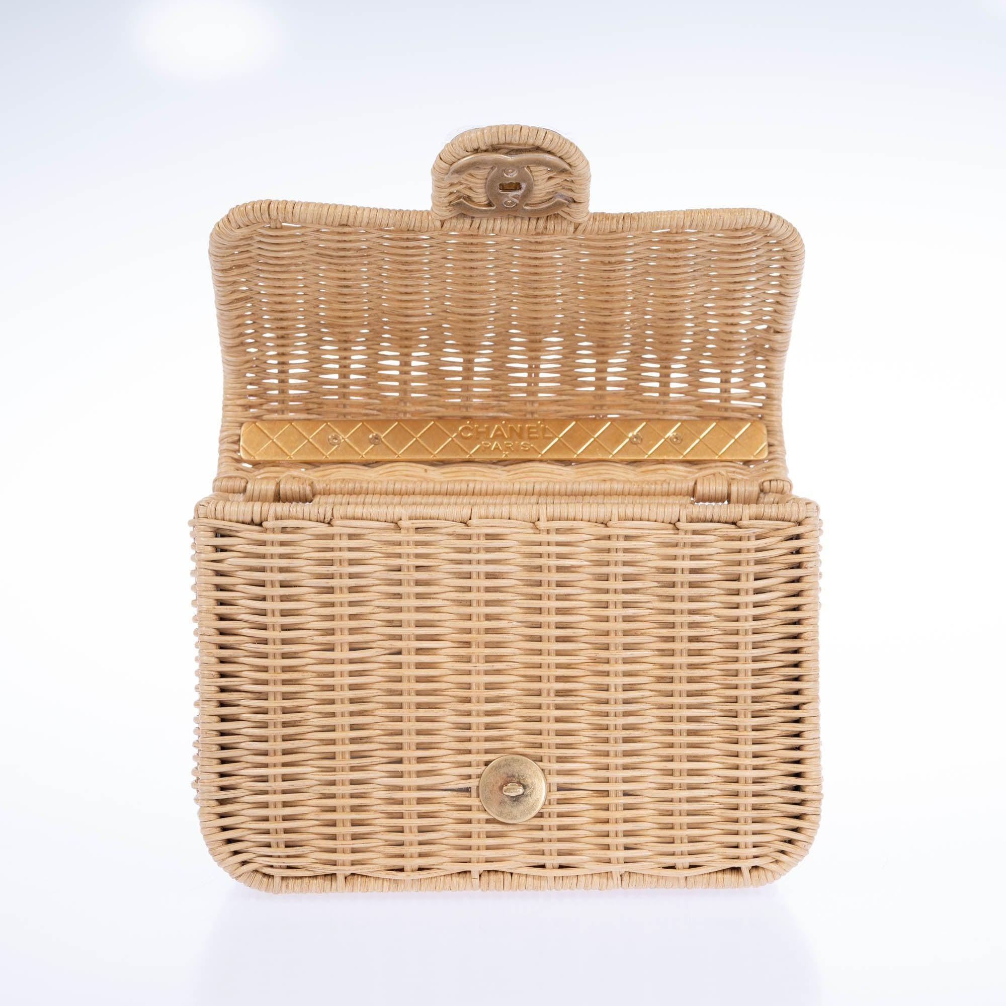 Chanel Mini Flap Bag with Top Handle Beige Braided Rattan Gold-Tone Hardware