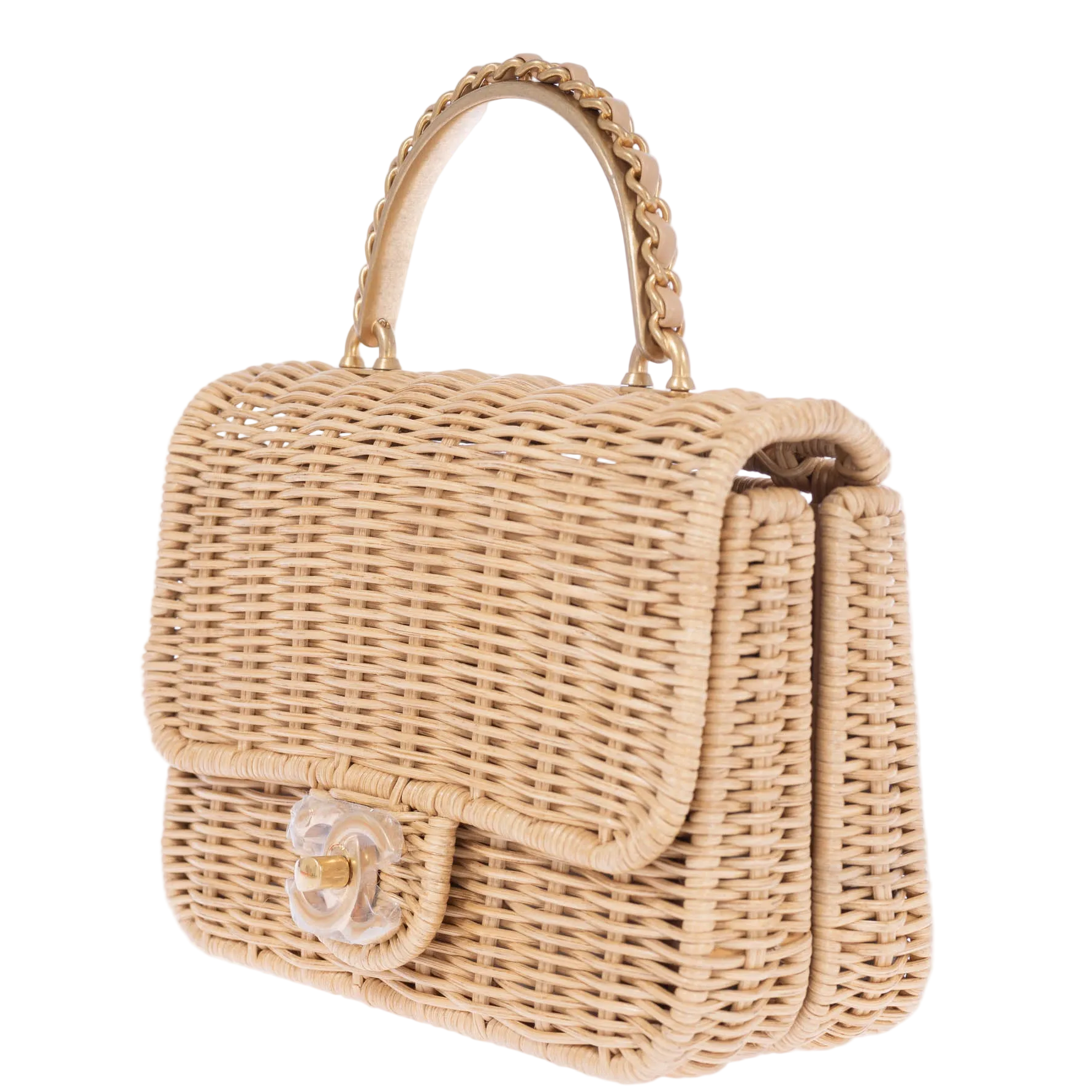 Chanel Mini Flap Bag with Top Handle Beige Braided Rattan Gold-Tone Hardware