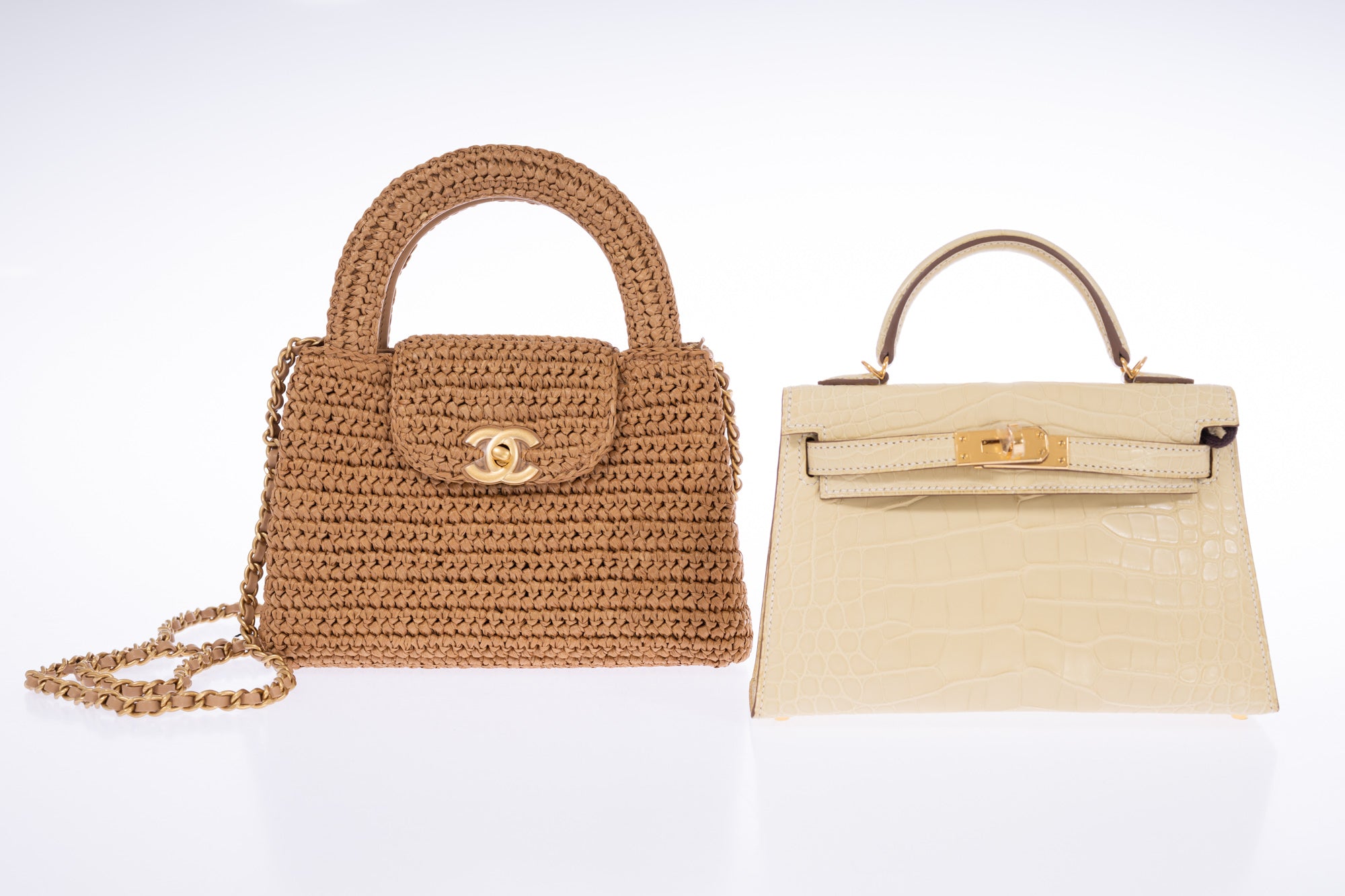 Chanel Mini Shopping Bag Braided Raffia Dark Beige Gold Hardware