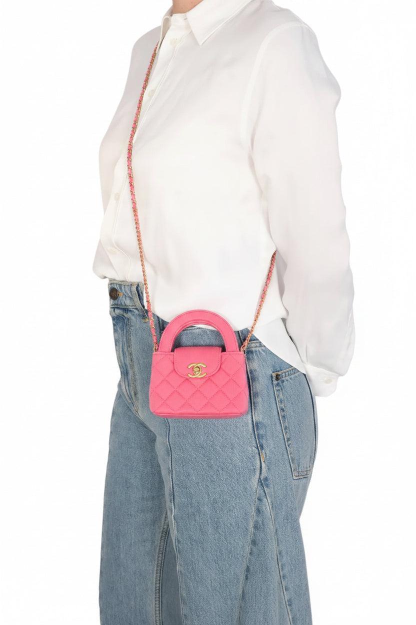 Chanel Nano Kelly Shopper Hot Pink Quilted Jersey Brushed Gold Hardware