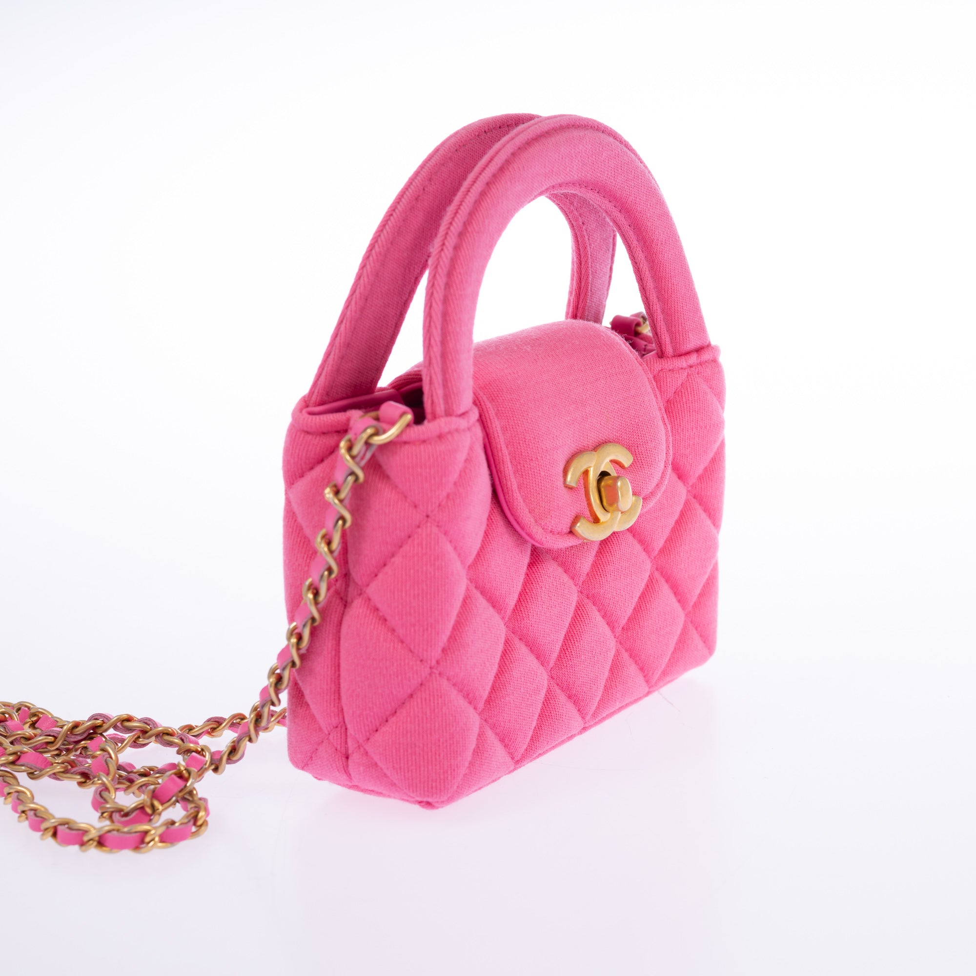 Chanel Nano Kelly Shopper Hot Pink Quilted Jersey Brushed Gold Hardware