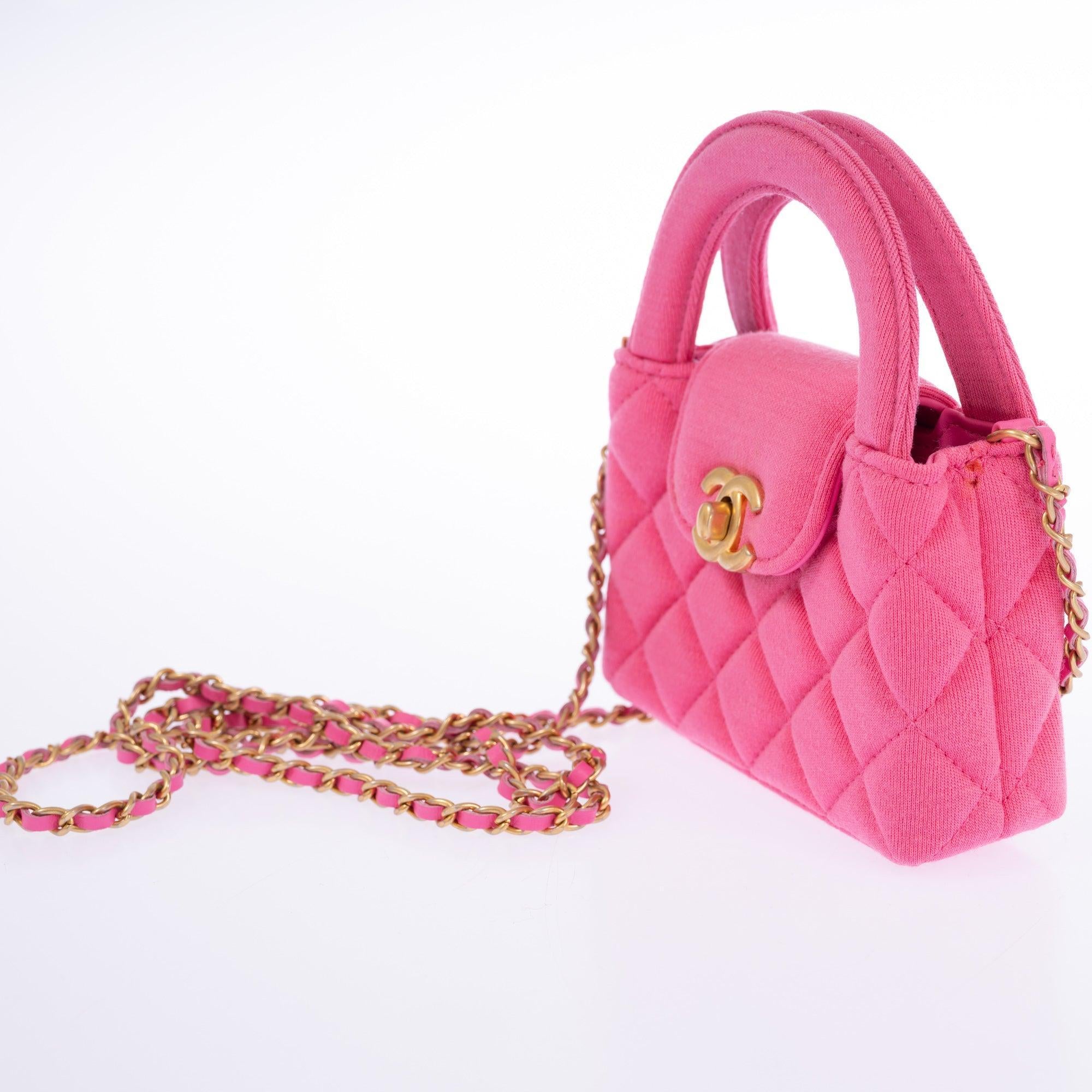Chanel Nano Kelly Shopper Hot Pink Quilted Jersey Brushed Gold Hardware