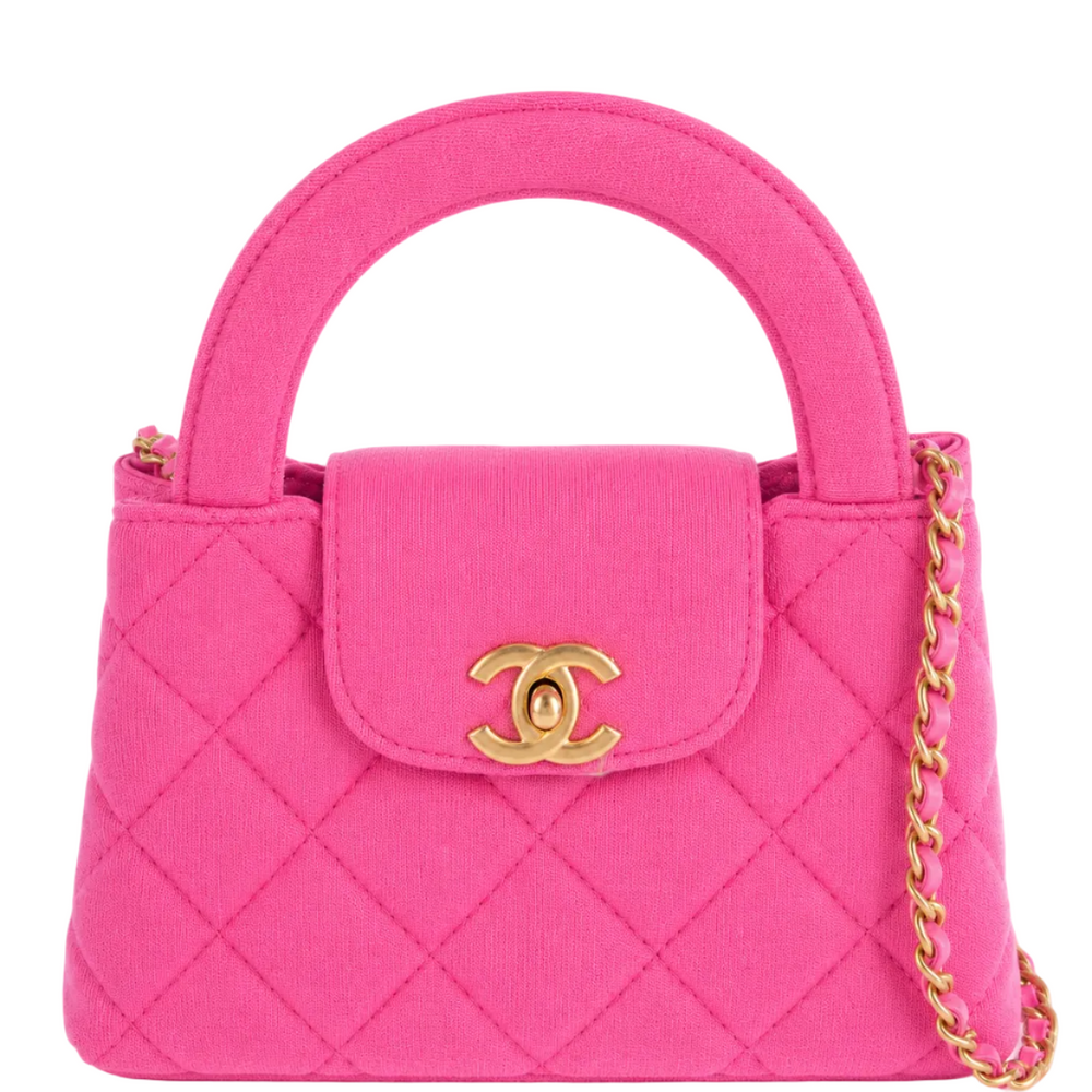 Chanel Nano Kelly Shopper Hot Pink Quilted Jersey Brushed Gold Hardware