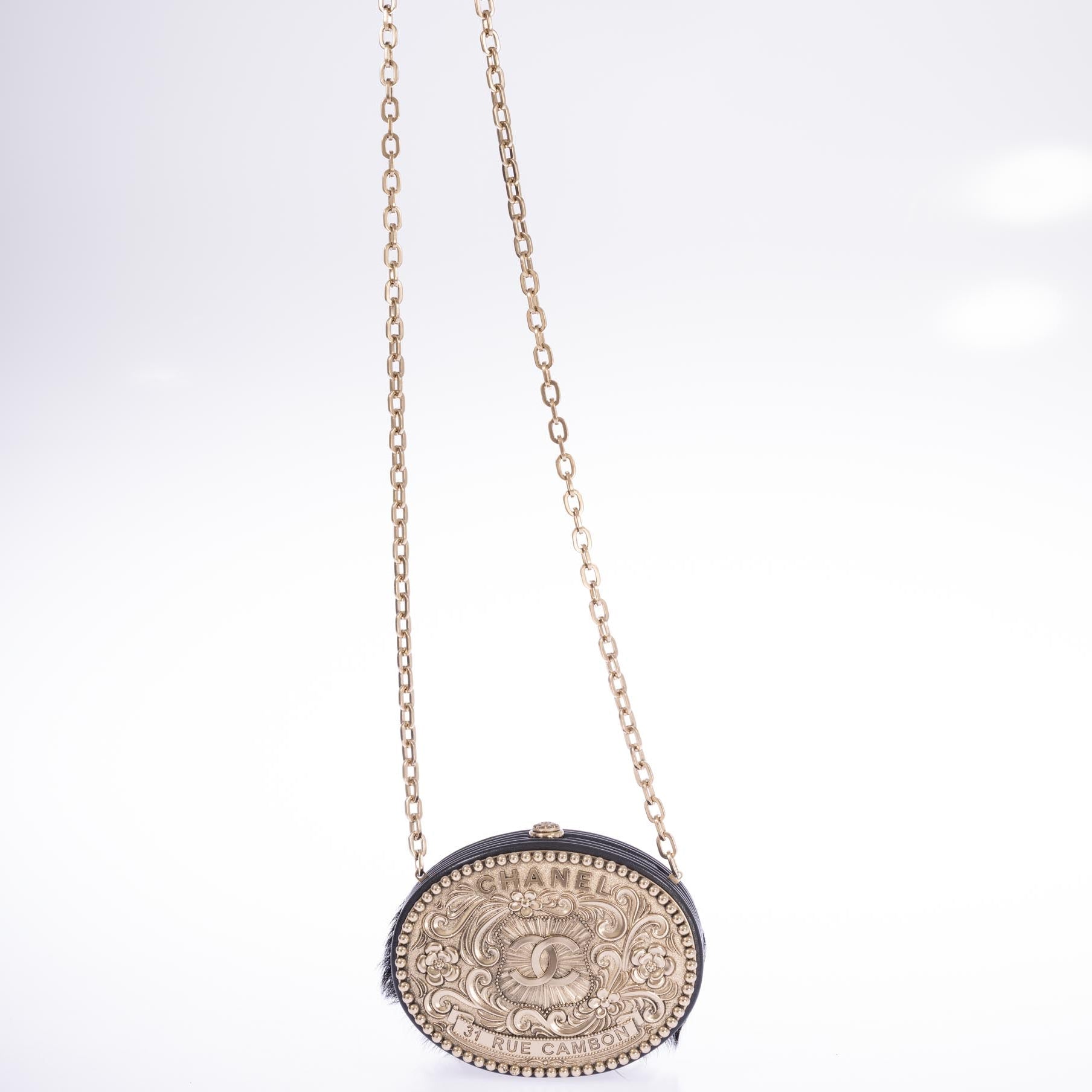 Chanel Paris-Dallas Belt Buckle Minaudière Black Lambskin Pony Hair Gold and Palladium Hardware